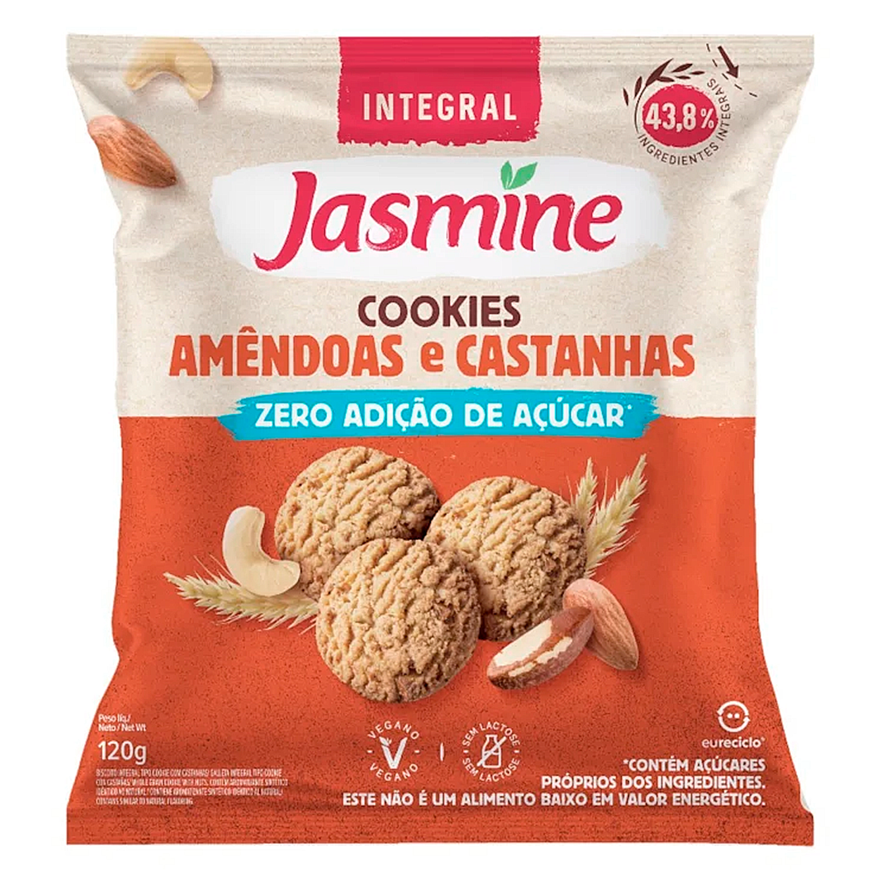 Biscoito Cookie Amêndoas e Castanhas Zero Açúcar Integral Jasmine Pacote 120g 