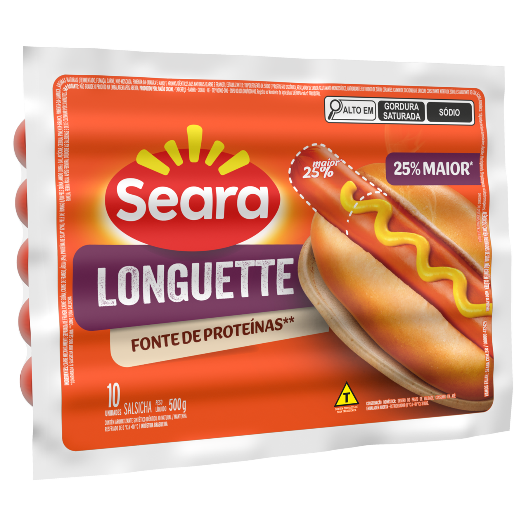 Salsicha Longuette Seara Pacote 500g C/10 Unidades&nbsp;