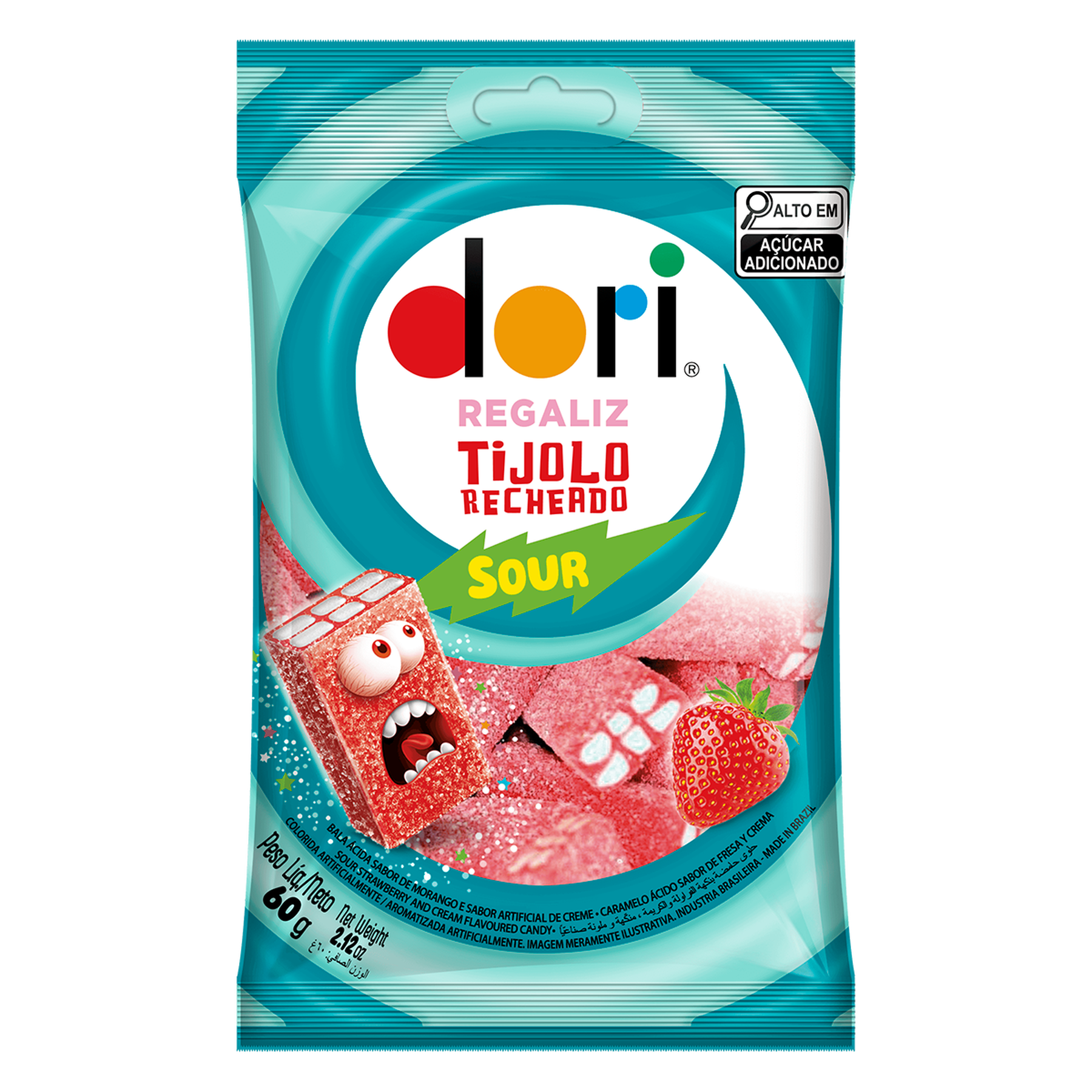 Bala Regaliz Tijolo Recheado Ácida Morango e Creme Dori Pacote 60g