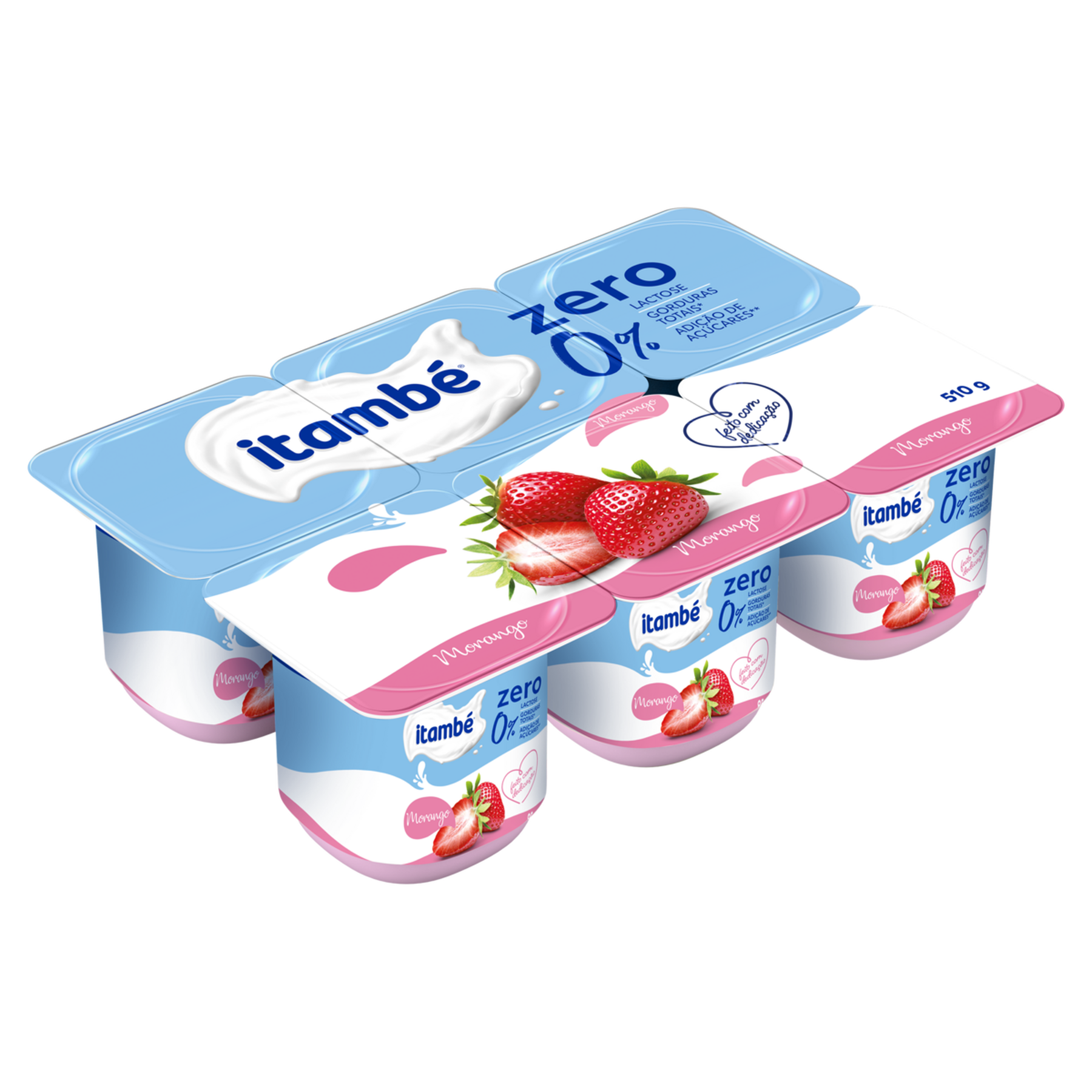 Iogurte Desnatado Morango Zero Lactose Itamb&eacute; Bandeja 510g 6 Unidades 85g Cada