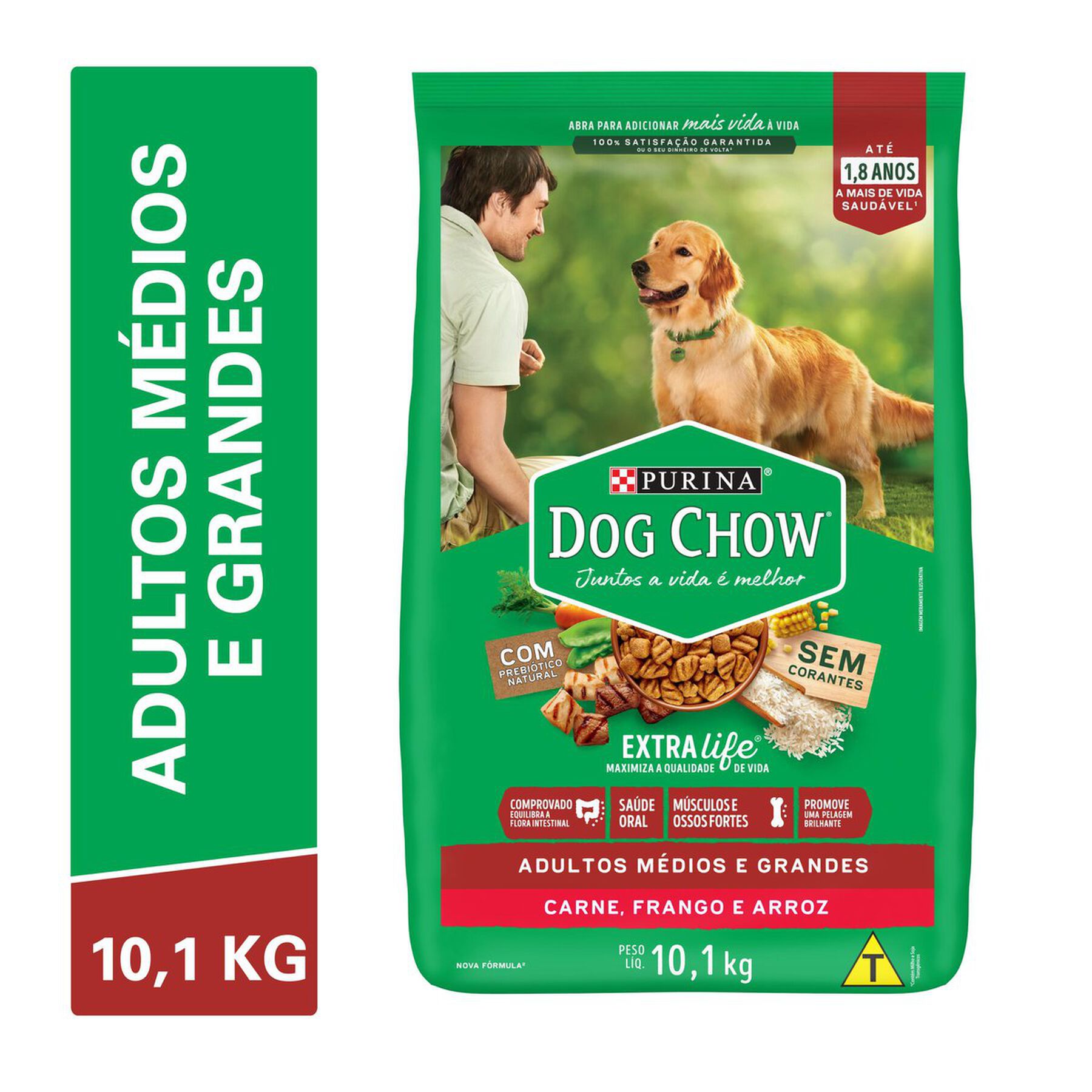 Alimento para Cães Adultos Raças Médias e Grandes Carne, Frango e Arroz Purina Dog Chow Extra Life Pacote 10,1kg