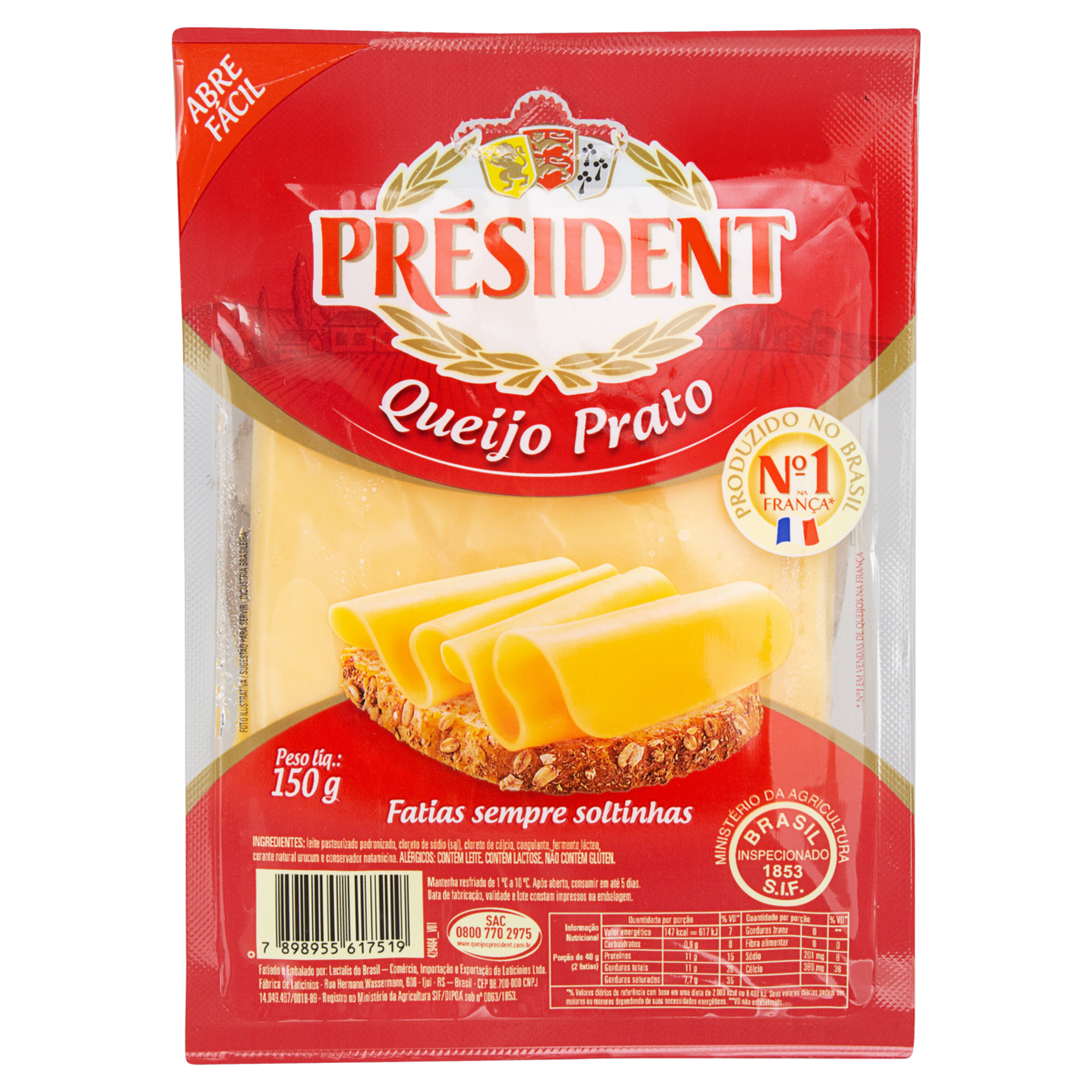 Queijo Prato Fatiado Pr&eacute;sident 150g