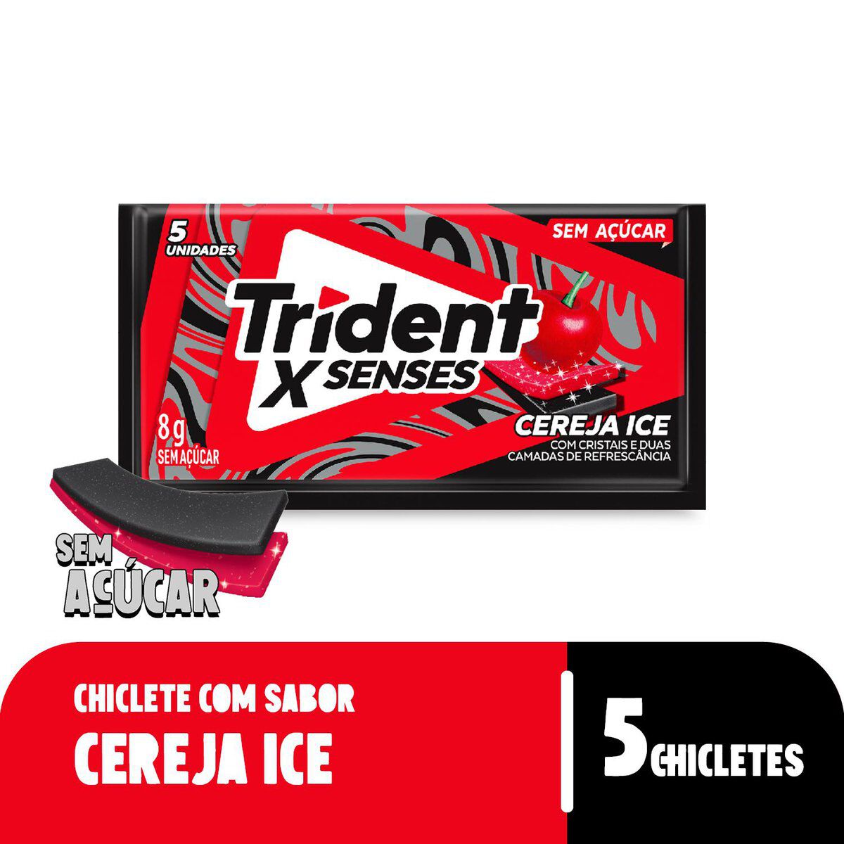 Chiclete Trident XSenses Cereja Sem A&ccedil;&uacute;car 8g - Embalagem com 5 unid.