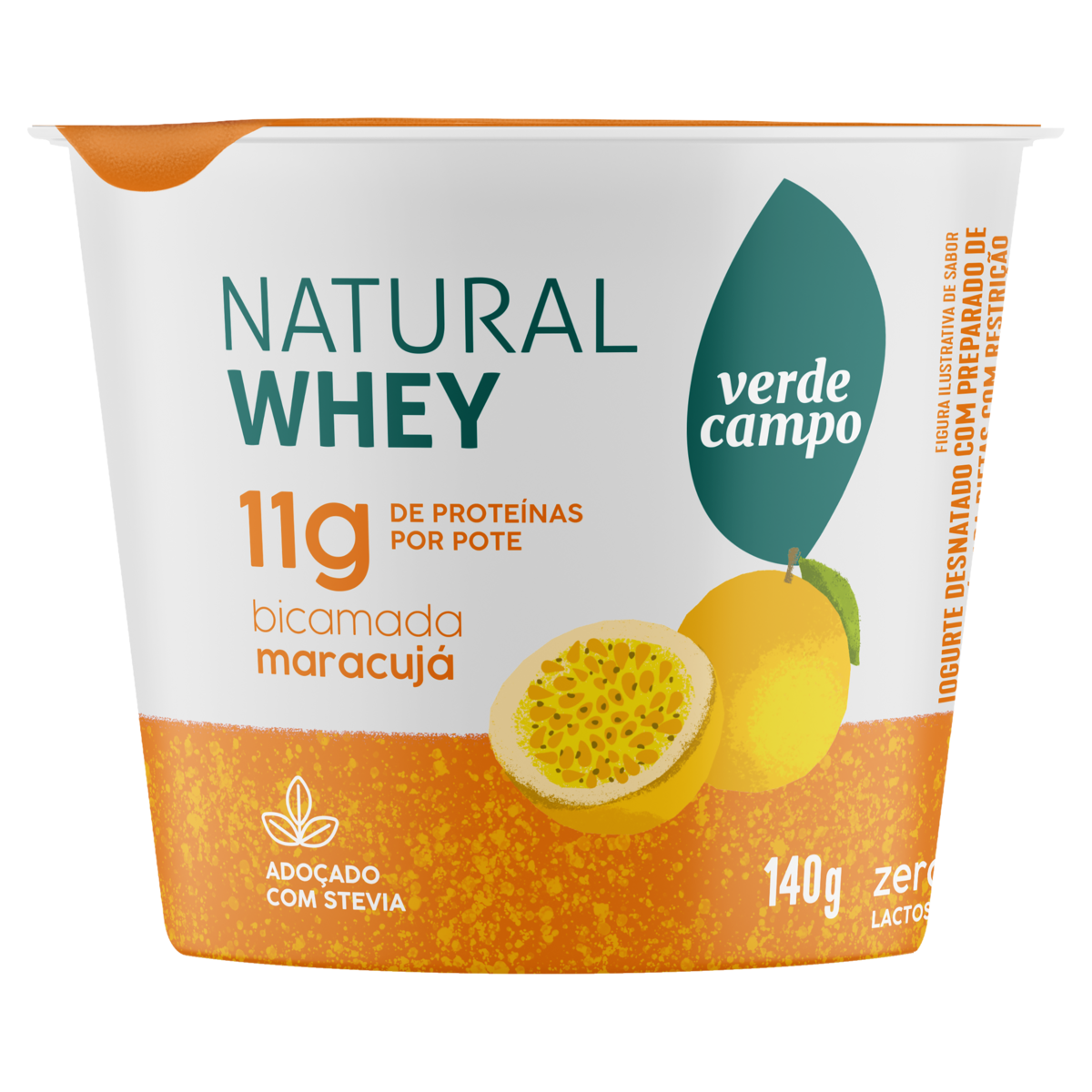 Iogurte Desnatado Bicamada Maracuj&aacute; Natural Whey Verde Campo Pote 140g