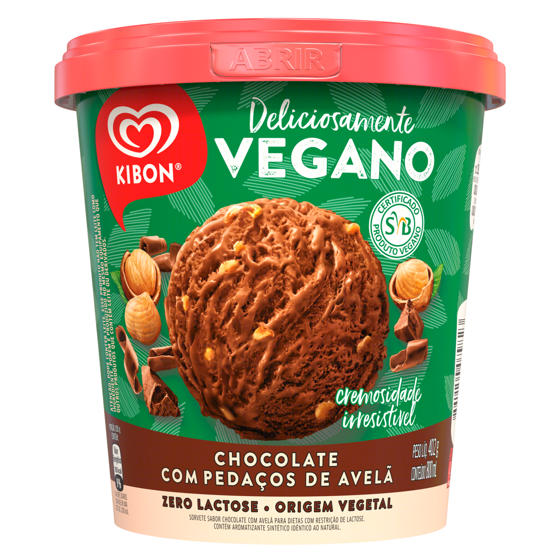 Sorvete Vegano Chocolate com Pedaços de Avelã Zero Lactose Kibon Pote 800ml