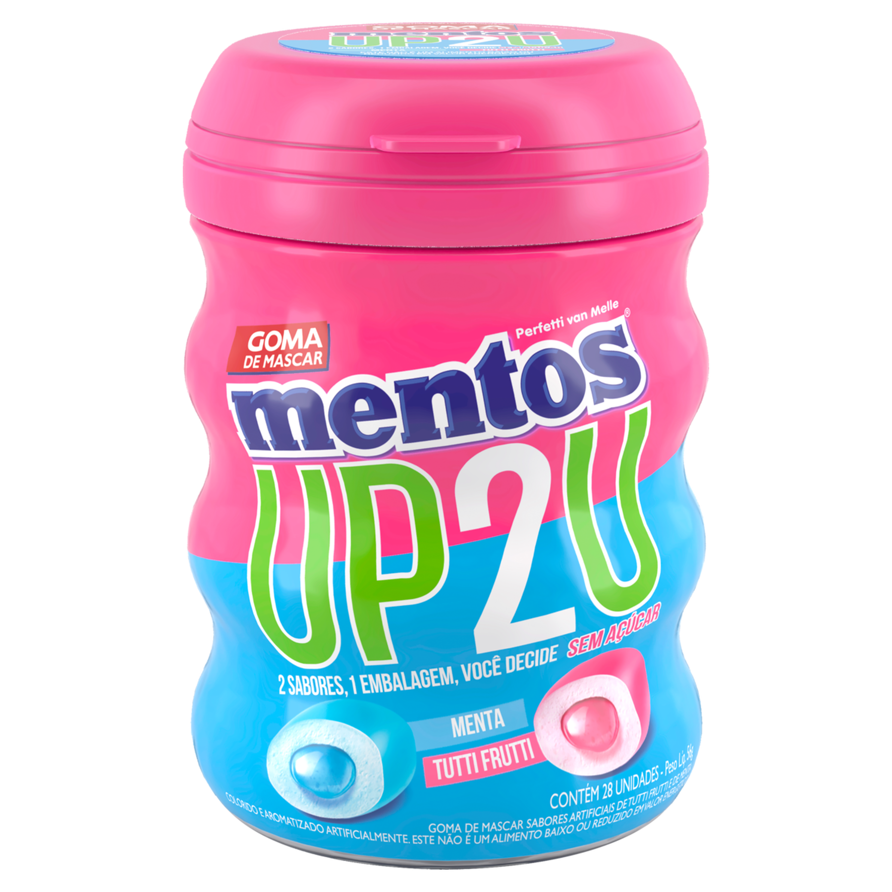 Goma de Mascar Tutti Frutti e Menta Sem Açúcar UP2U Mentos Pote 56g C/28 Unidades