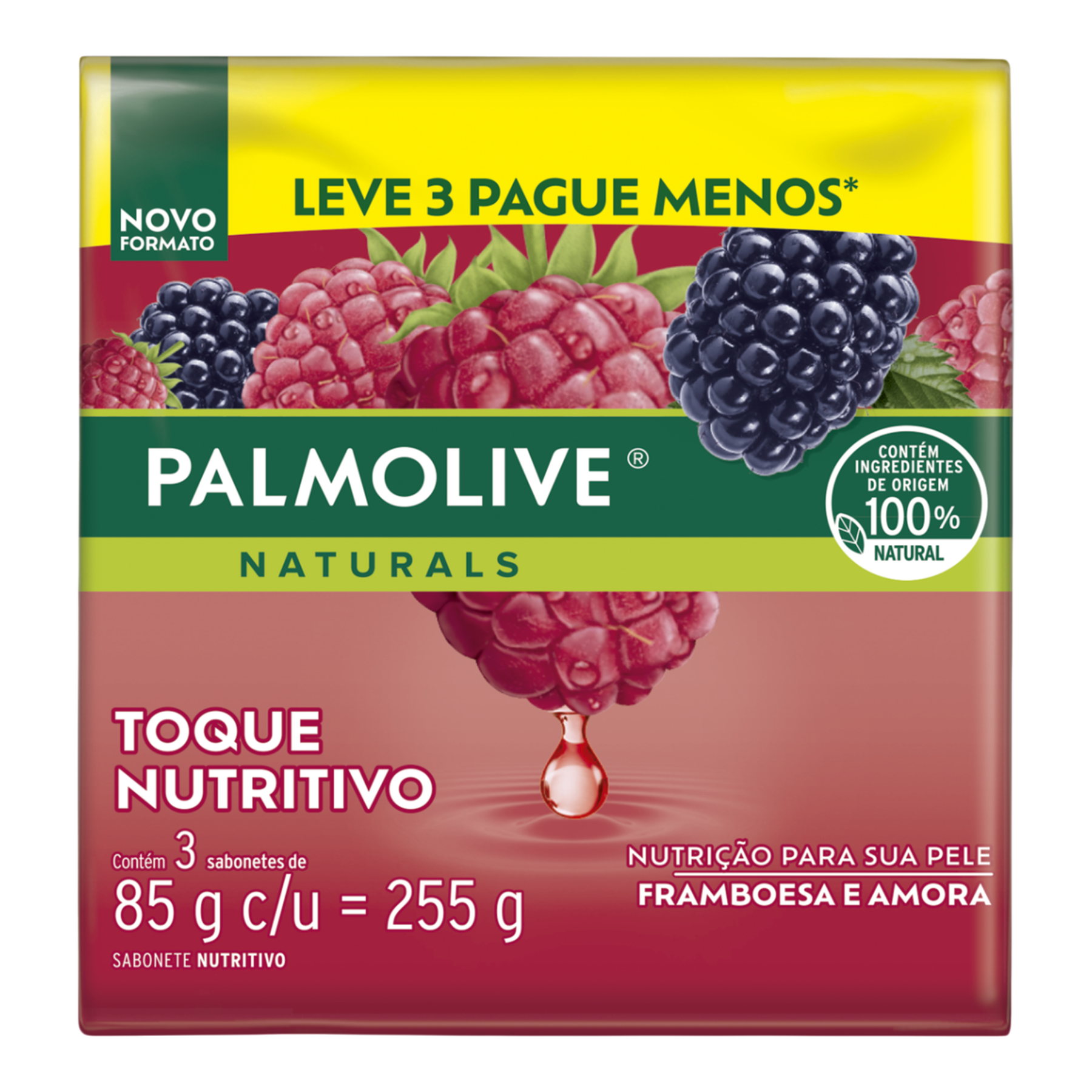 Pack Sabonete Barra Framboesa e Amora Palmolive Naturals Toque Nutritivo Envolt&oacute;rio 255g 3 Unidades Leve Mais Pague Menos