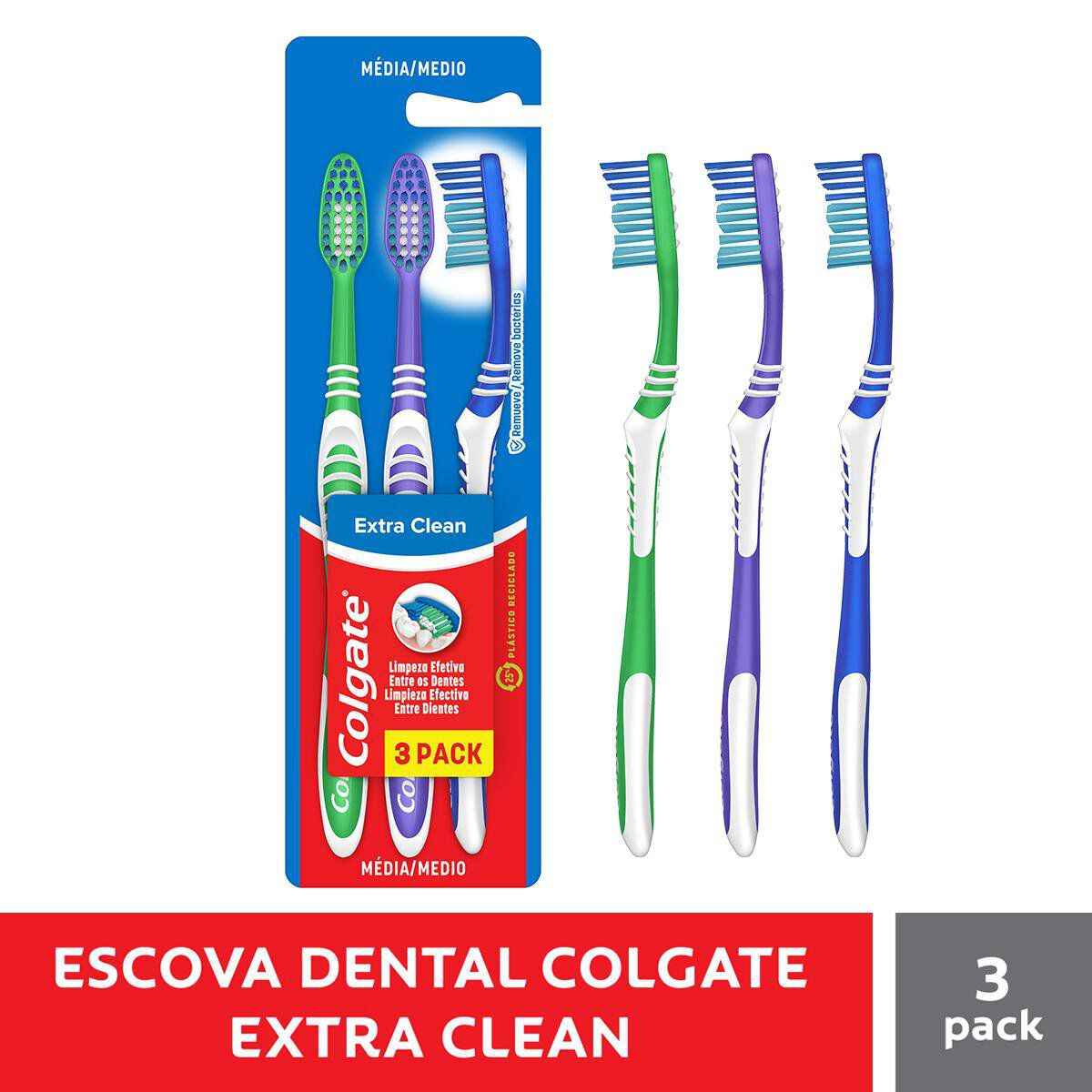 Pack Escova Dental M&eacute;dia Colgate Extra Clean 3 Unidades