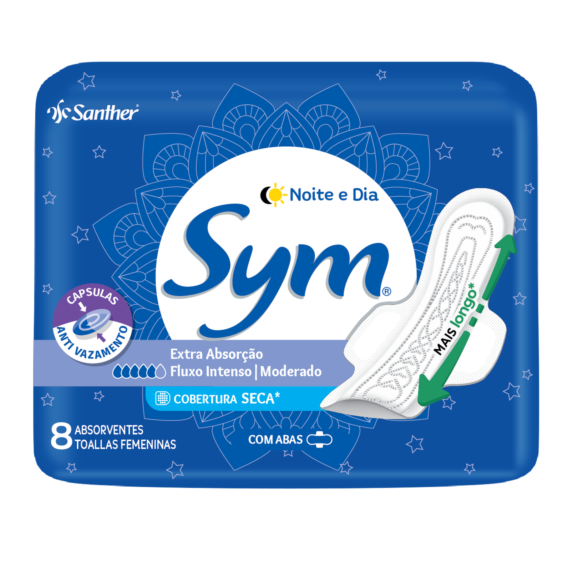 Absorvente com Abas Seca Noturno Sym Pacote C/8 Unidades
