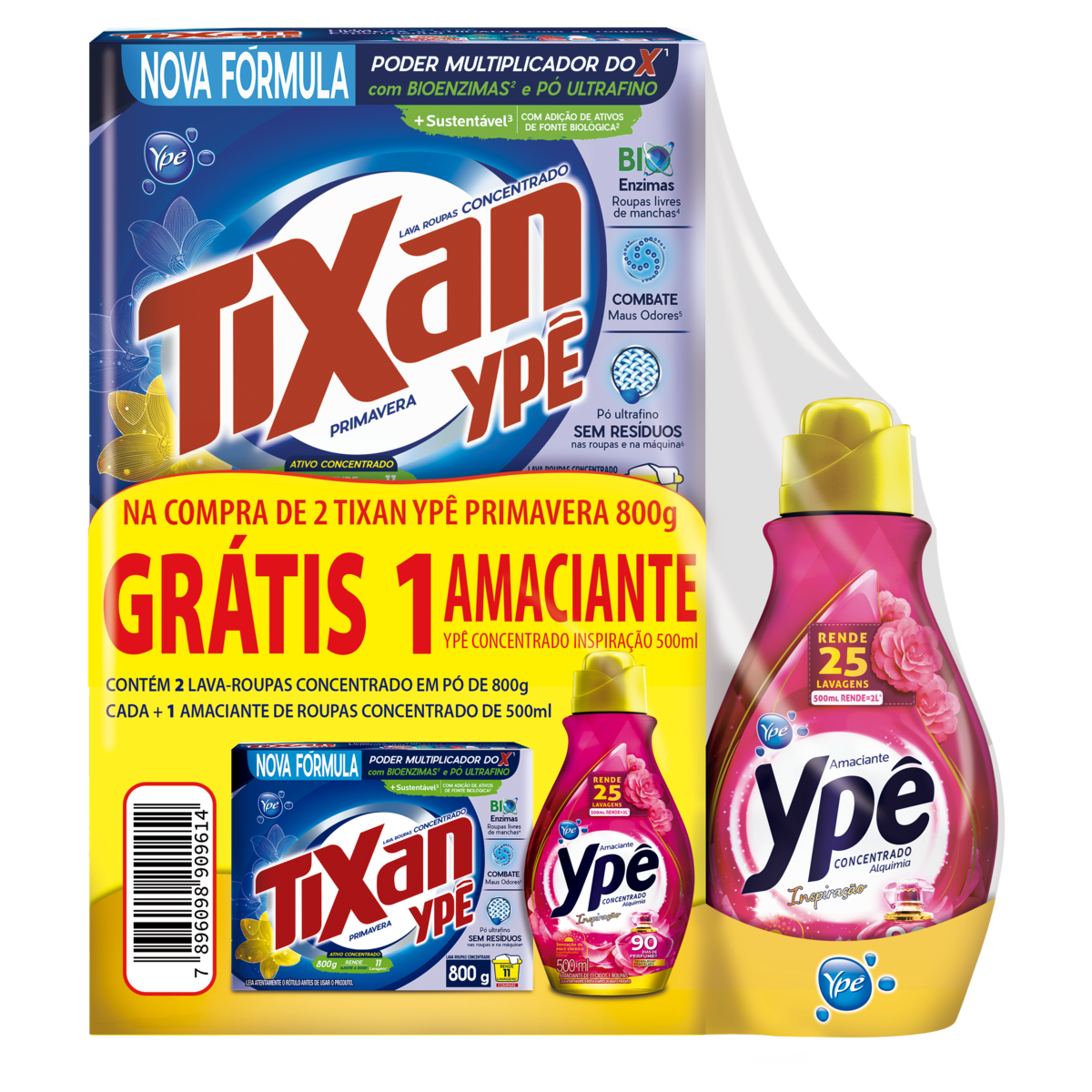 02 Sab&atilde;o Lava Roupas em P&oacute; Concentrado Primavera Tixan Yp&ecirc; 800g - Embalagem Gr&aacute;tis 01 Amaciante de Roupas Concentrado Inspira&ccedil;&atilde;o Yp&ecirc; Alquimia 500ml