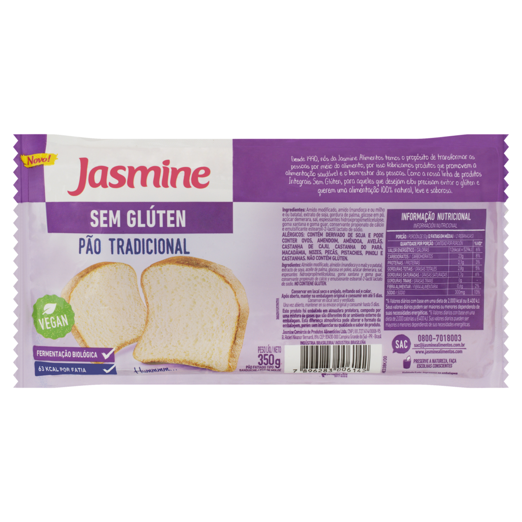 Pão de Sanduíche Tradicional sem Glúten Jasmine Pacote 350g