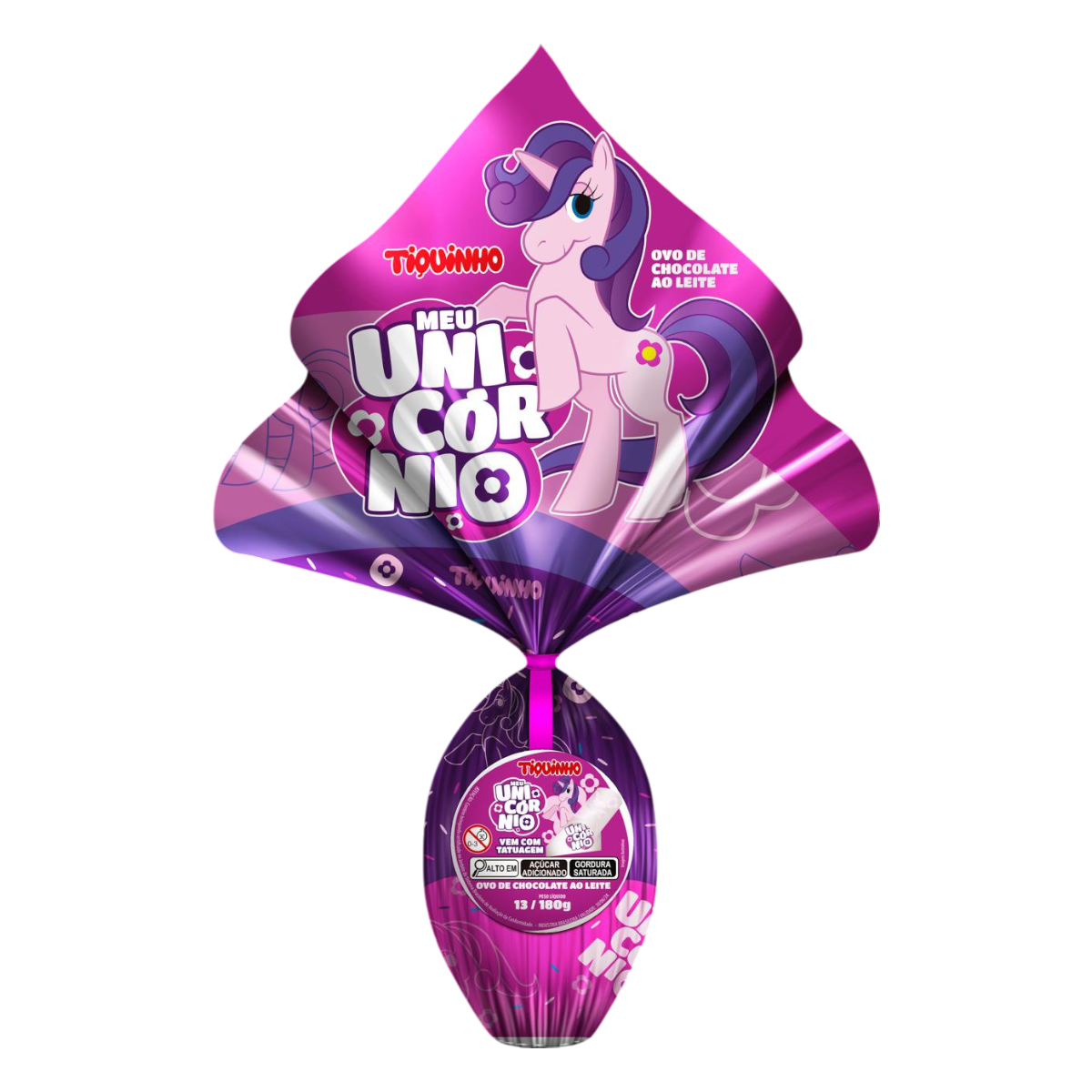 Ovo de P&aacute;scoa ao Leite Unic&oacute;rnio N13 Tiquinho 180g - Vem com 02 Tatuagens