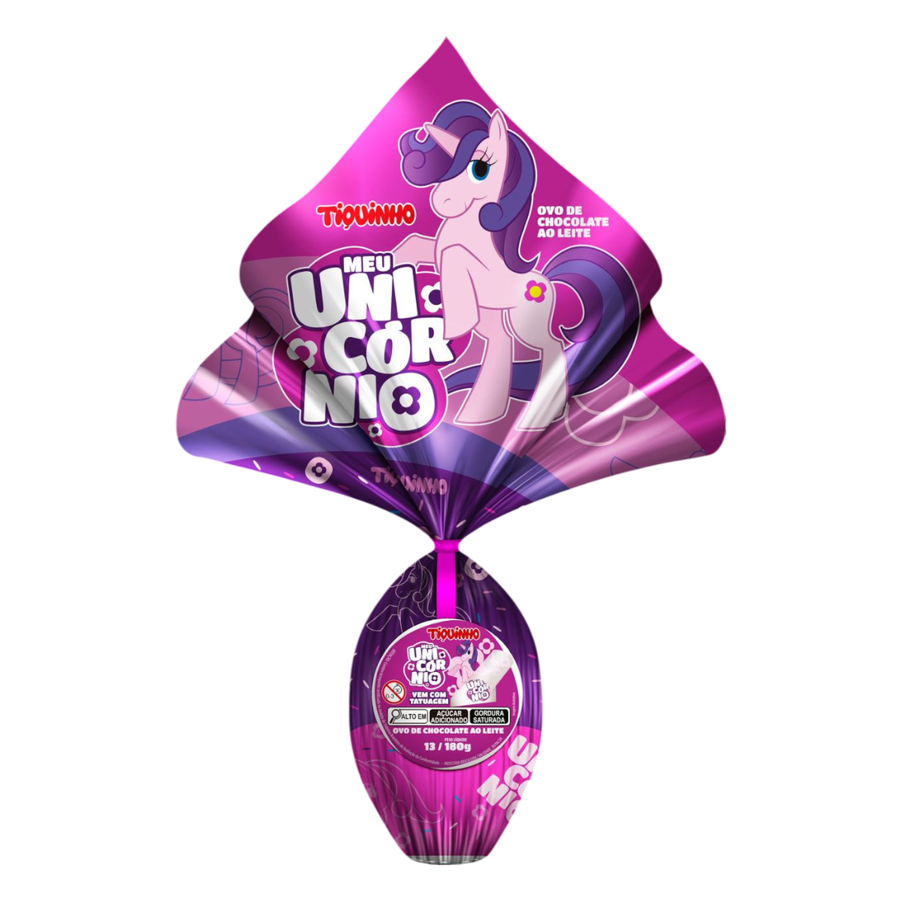 Ovo de P&aacute;scoa ao Leite Unic&oacute;rnio N13 Tiquinho 180g - Vem com 02 Tatuagens