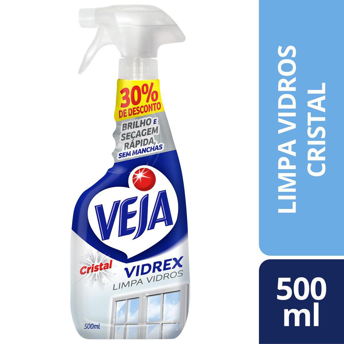 Limpa-Vidro L&iacute;quido Cristal Veja Vidrex Frasco 500ml Borrifador Gr&aacute;tis 30% de Desconto