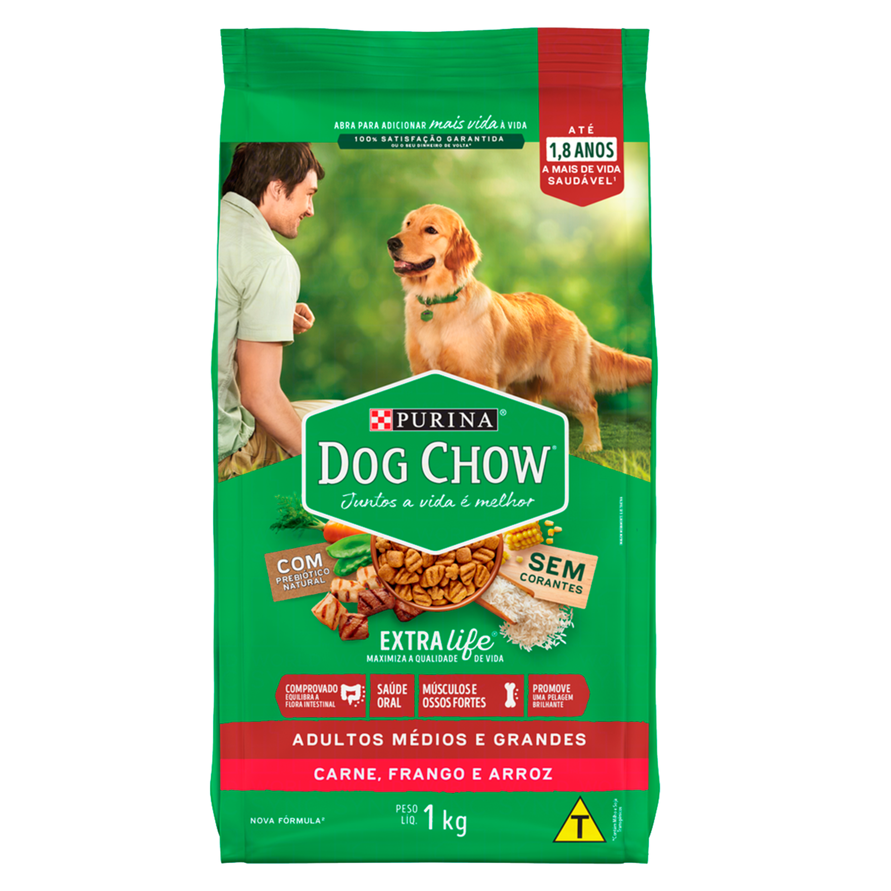 Alimento para Cães Adultos Raças Médias e Grandes Carne, Frango e Arroz Purina Dog Chow Extra Life Pacote 1kg