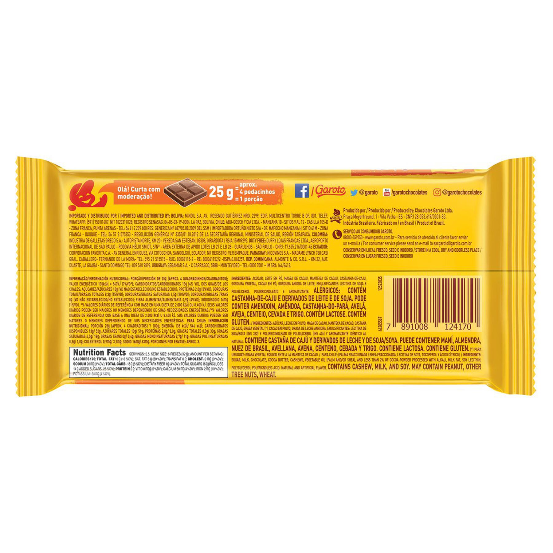 Chocolate ao Leite com Castanha-de-Caju Garoto Pacote 80g