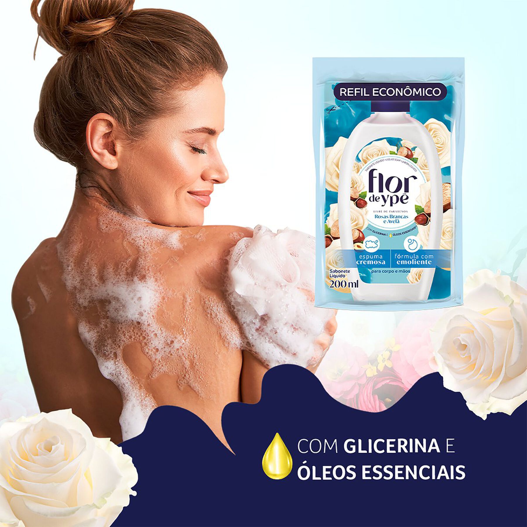 Sabonete Líquido Rosas Brancas e Avelã Flor de Ypê Sachê 200ml - Embalagem Refil Econômico