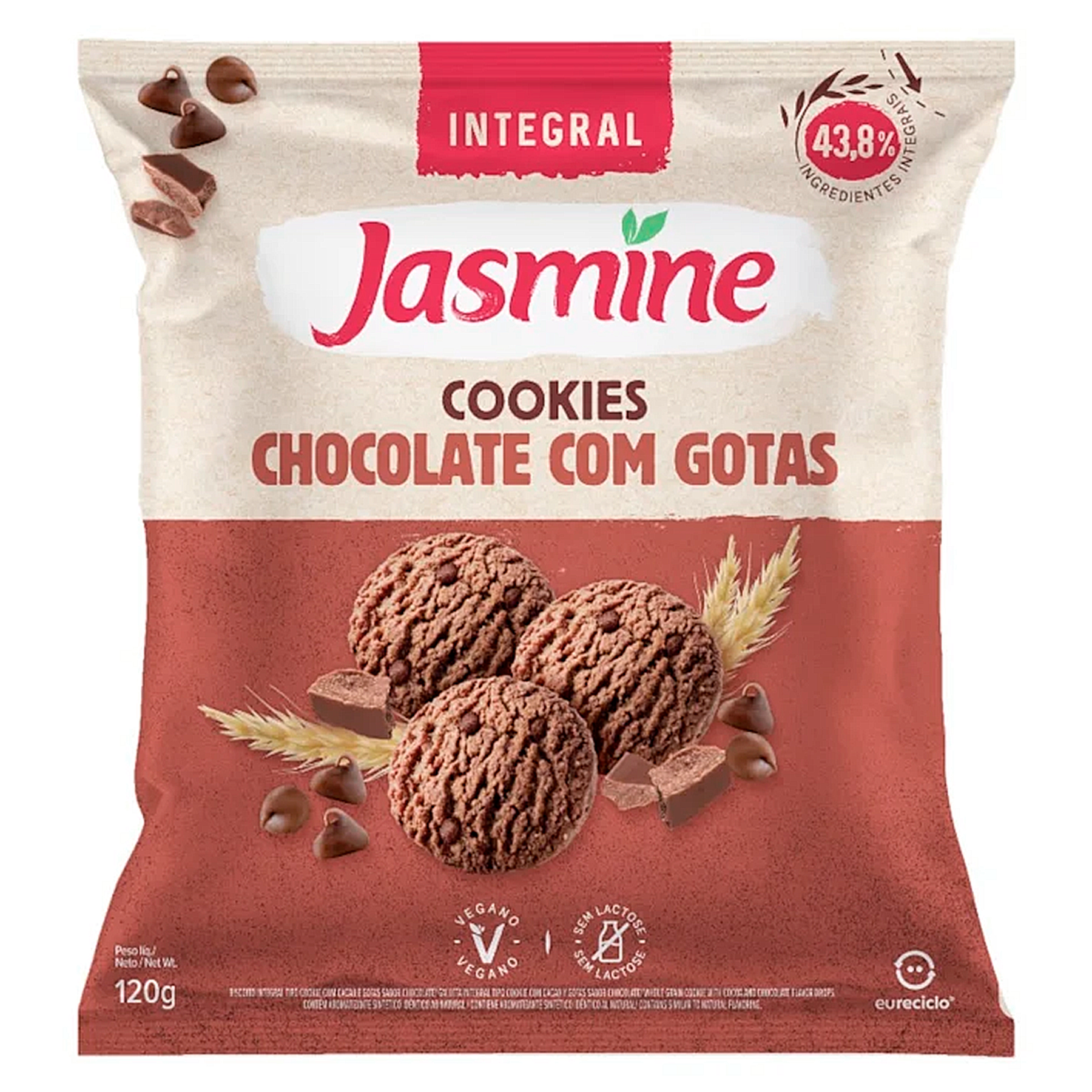 Biscoito Cookie Chocolate com Gotas Integral Jasmine Pacote 120g