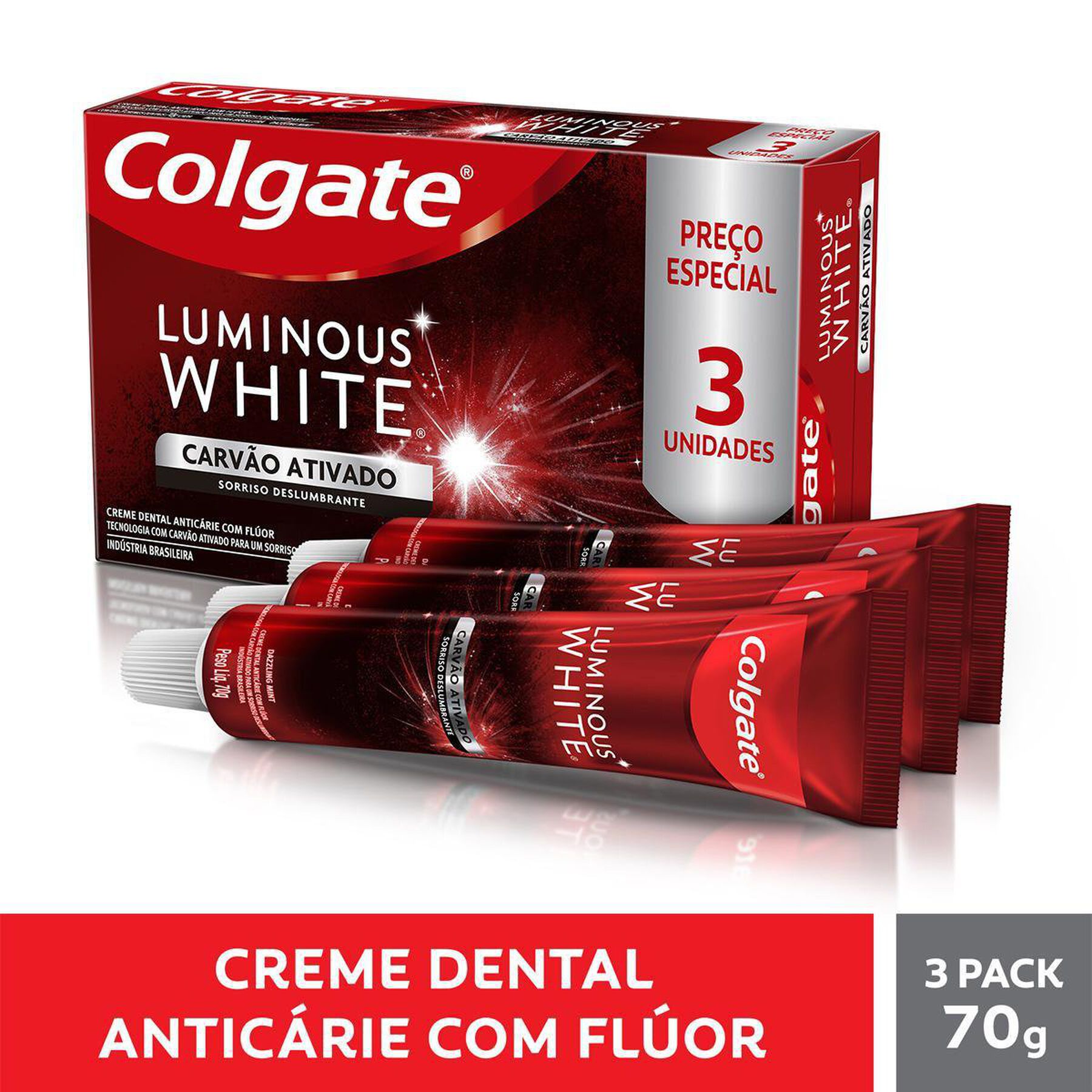 Creme Dental Clareador Colgate Luminous White Carvão Ativado 70g 3 unidades