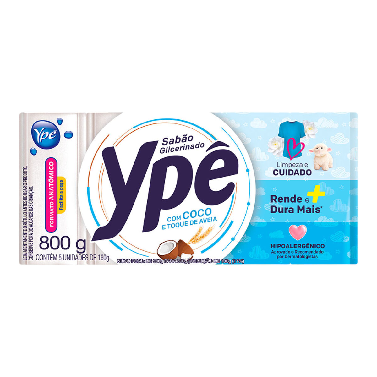 Sab&atilde;o Barra Glicerinado Coco e Toque de Aveia Yp&ecirc; Pacote 800g 5 Unidades