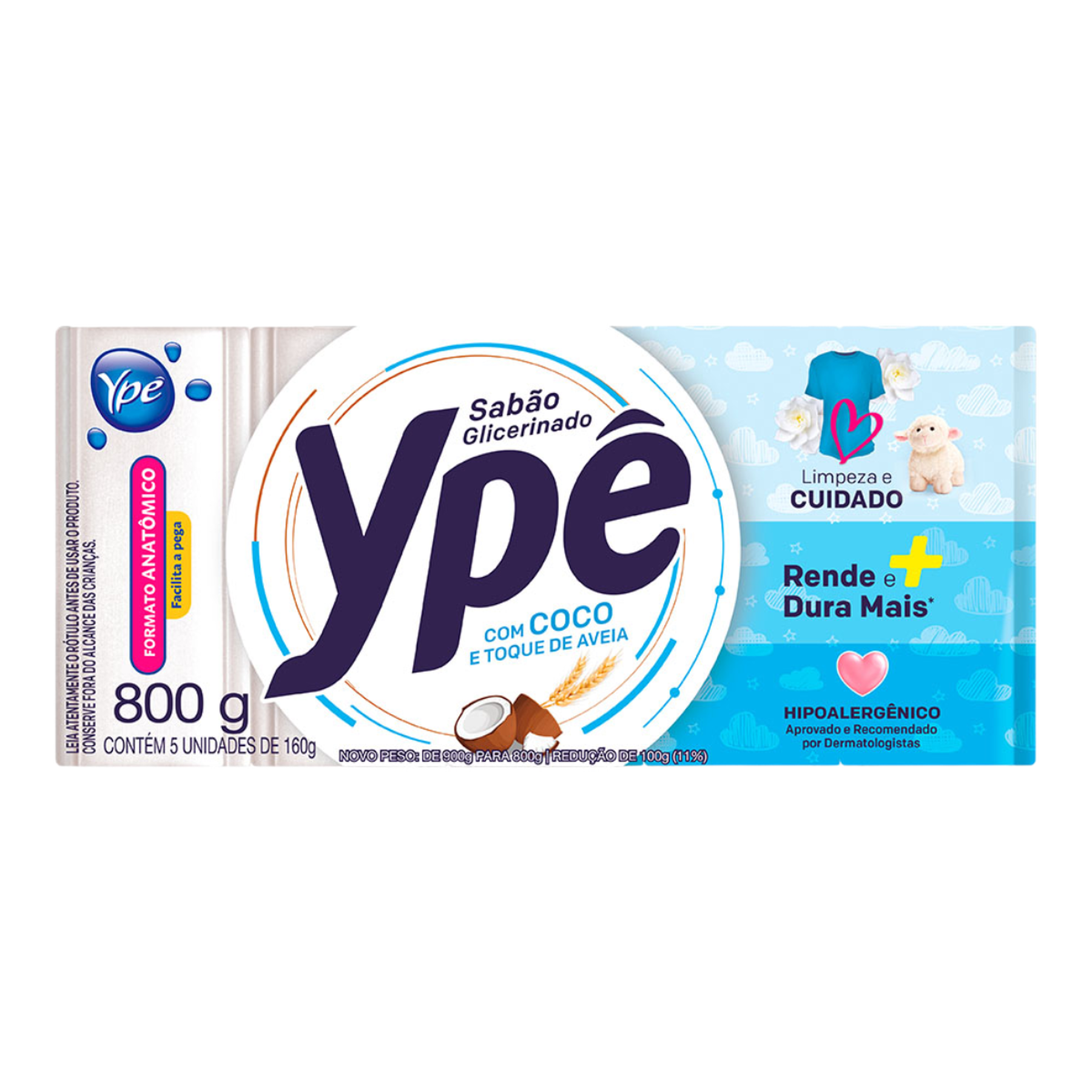Sab&atilde;o Barra Glicerinado Coco e Toque de Aveia Yp&ecirc; Pacote 800g 5 Unidades
