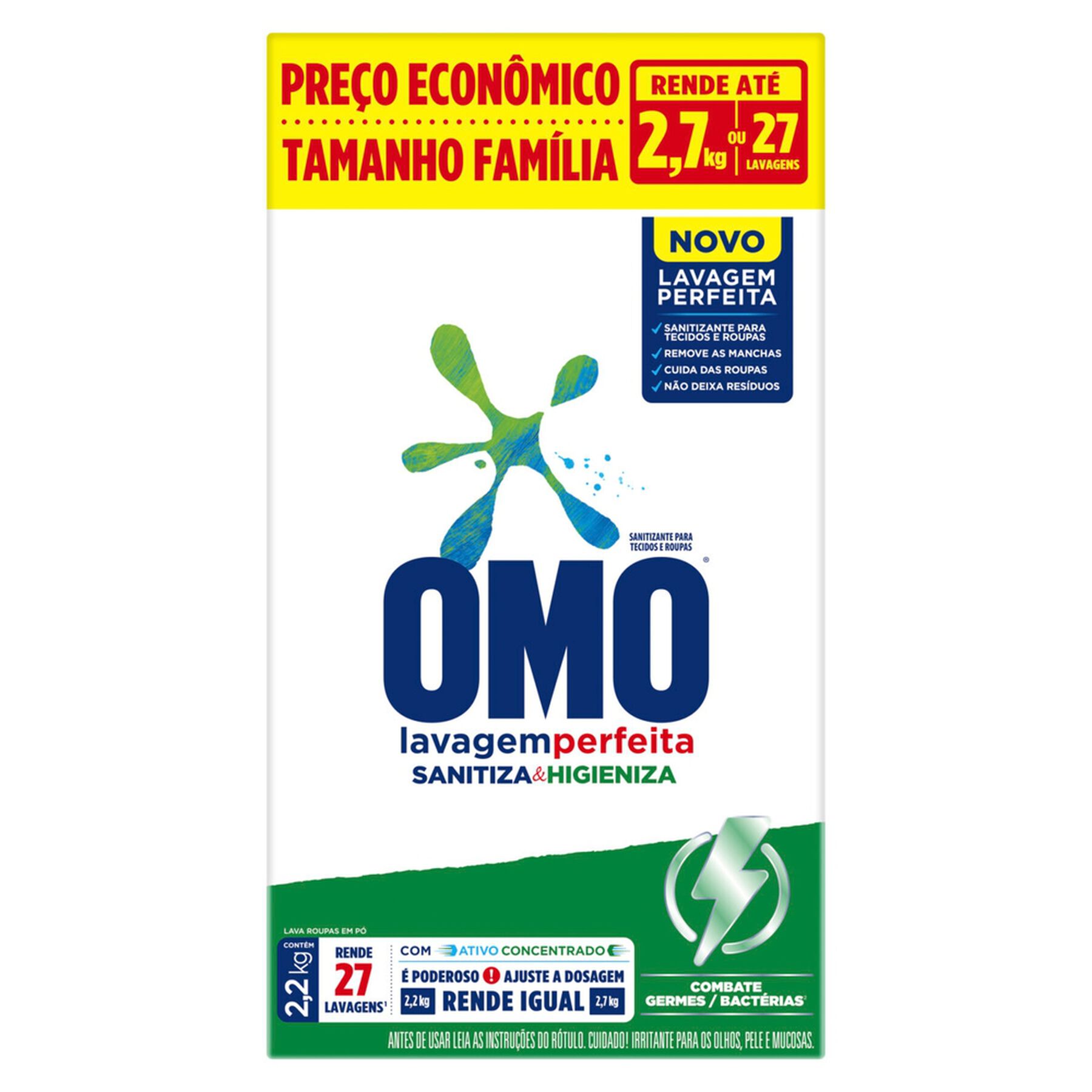 Sabão em Pó Lavagem Perfeita Sanitiza e Higieniza Omo Caixa 2,2kg - Embalagem Tamanho Família