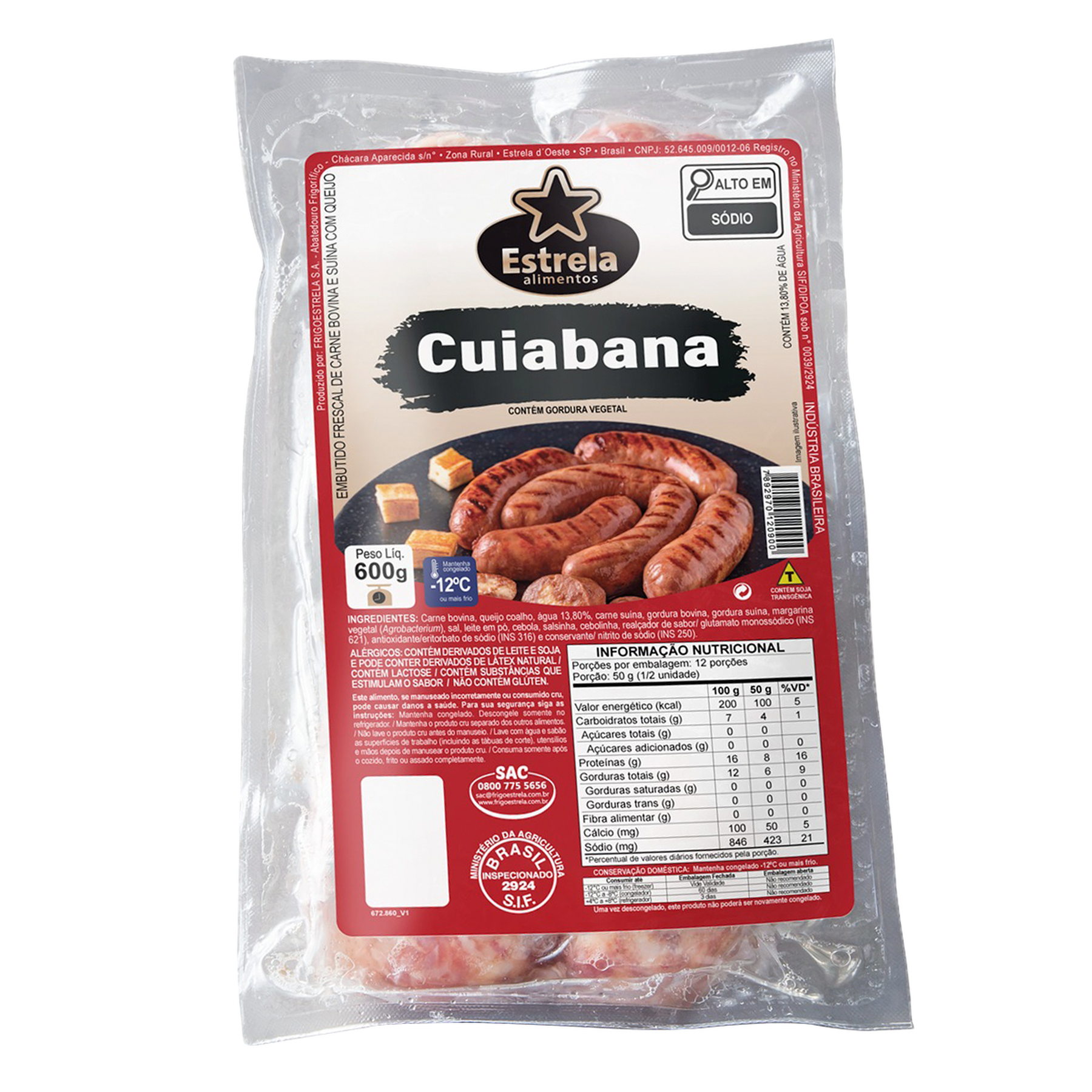 Lingui&ccedil;a Cuiabana Bovina e Su&iacute;na com Queijo Coalho Estrela Pacote 600g