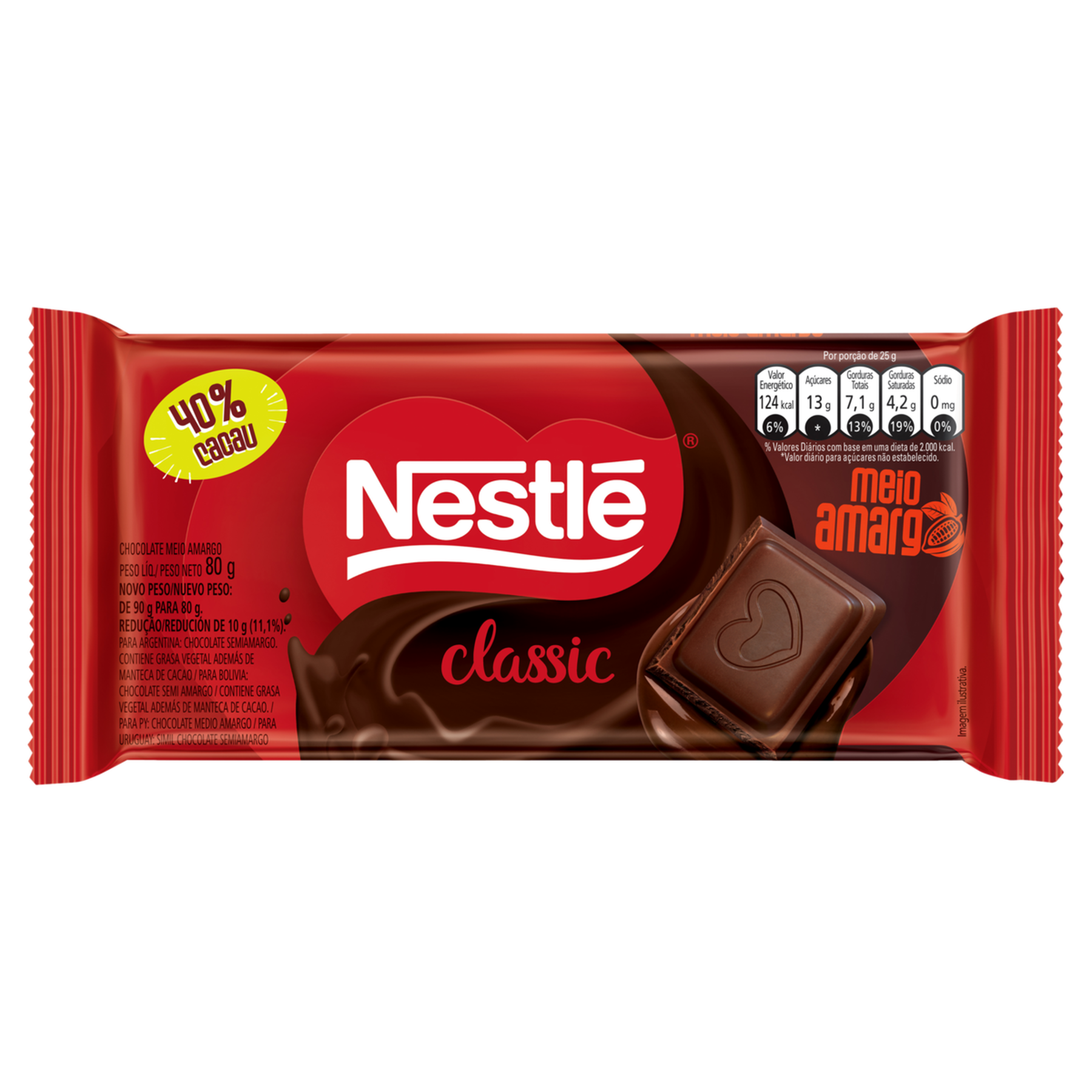 Chocolate Meio Amargo 40% Cacau Classic Nestlé Pacote 80g