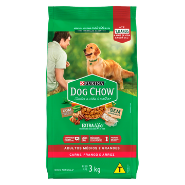 Alimento para Cães Adultos Raças Médias e Grandes Carne, Frango e Arroz Purina Dog Chow Extra Life Pacote 3kg