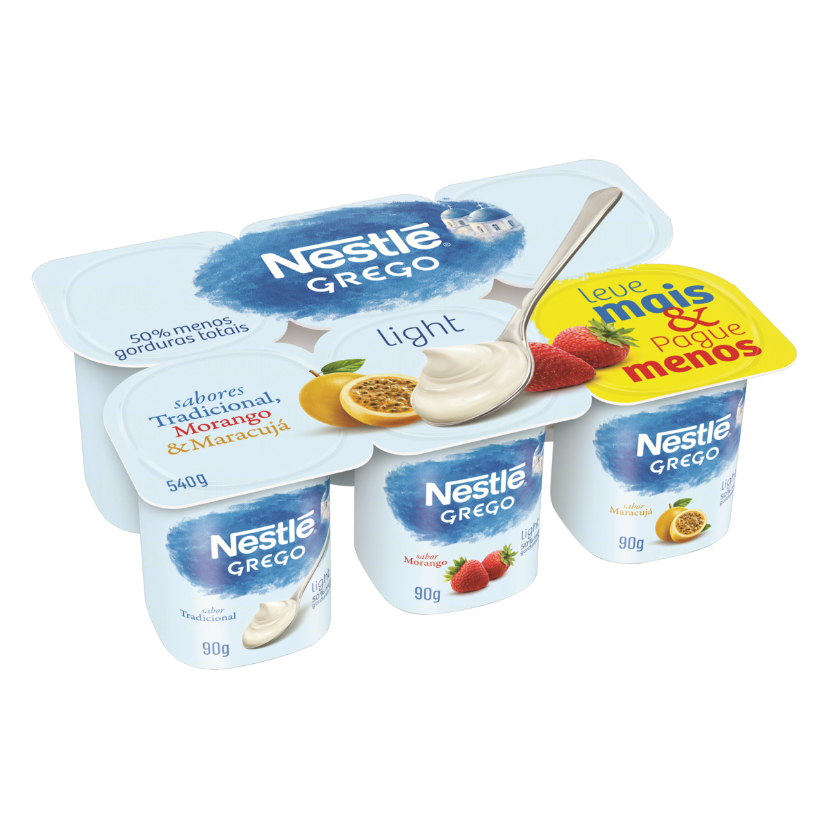 Iogurte Grego Tradicional + Morango + Maracuj&aacute; Light Nestl&eacute; Bandeja 540g C/6 Unidades - Embalagem Leve Mais Pague Menos