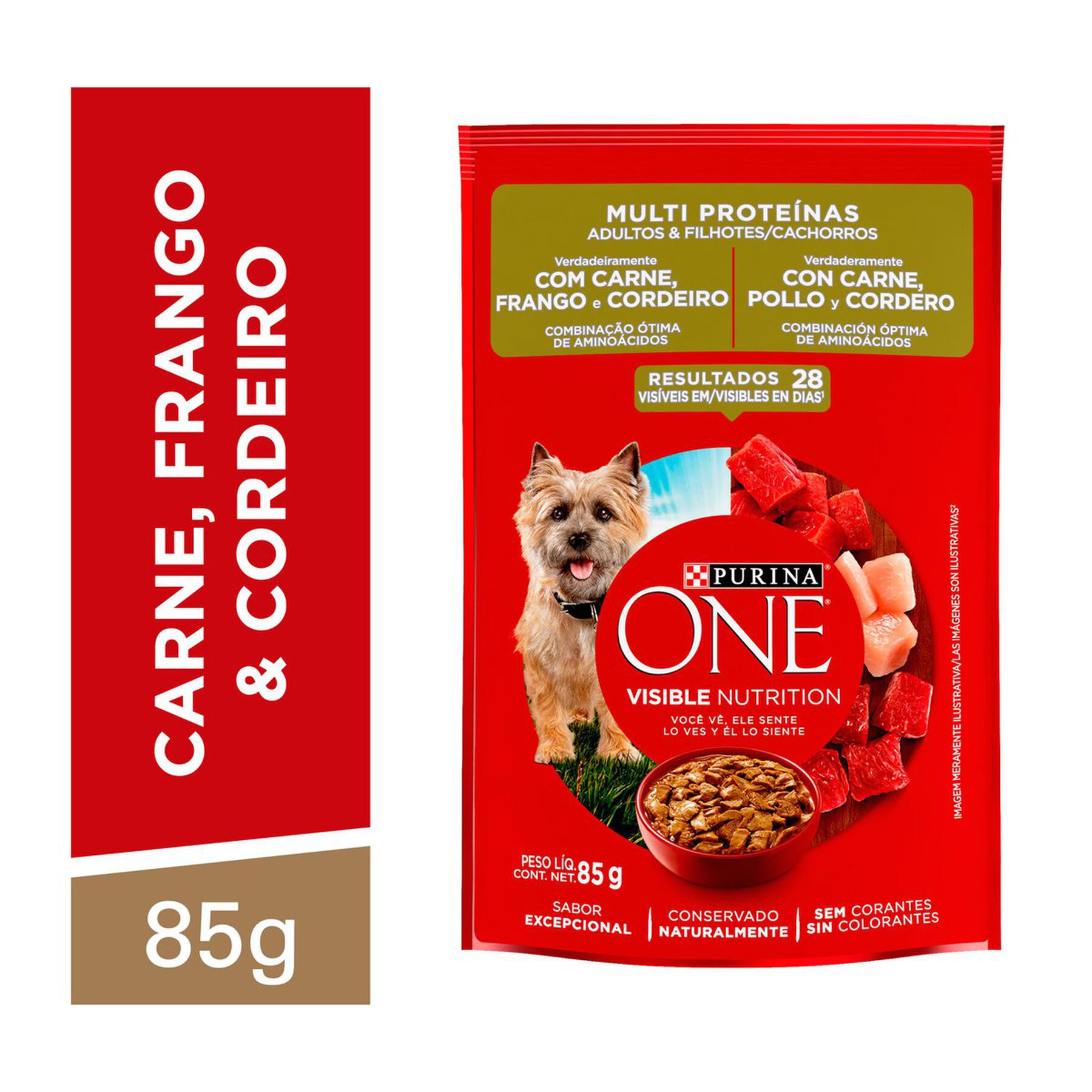 Alimento para C&atilde;es Adultos e Filhotes Carne, Frango e Cordeiro Purina One Multi Prote&iacute;nas Sach&ecirc; 85g