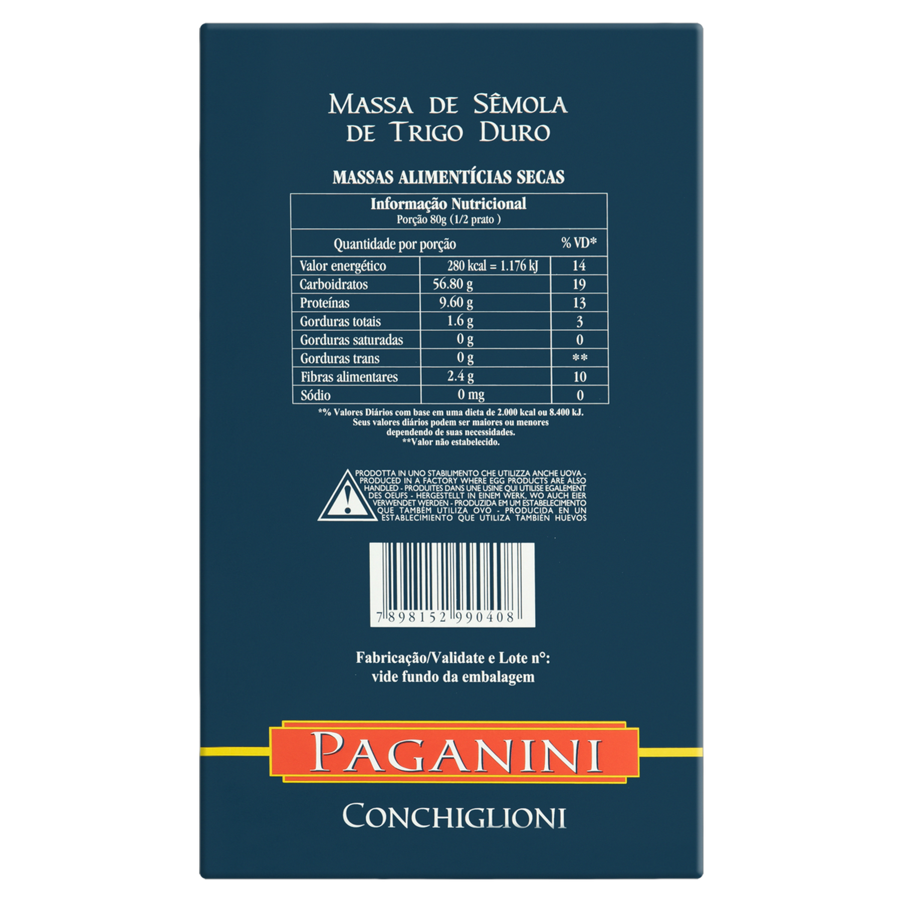 Macarr&atilde;o de S&ecirc;mola Grano Duro Conchiglioni Paganini Caixa 500g