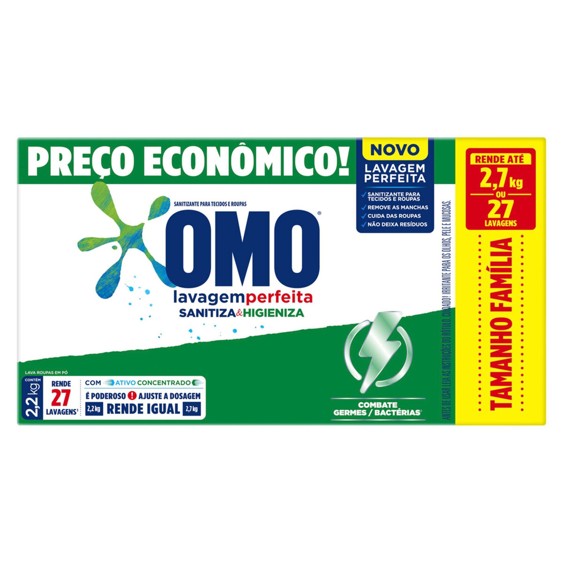 Sabão em Pó Lavagem Perfeita Sanitiza e Higieniza Omo Caixa 2,2kg - Embalagem Tamanho Família