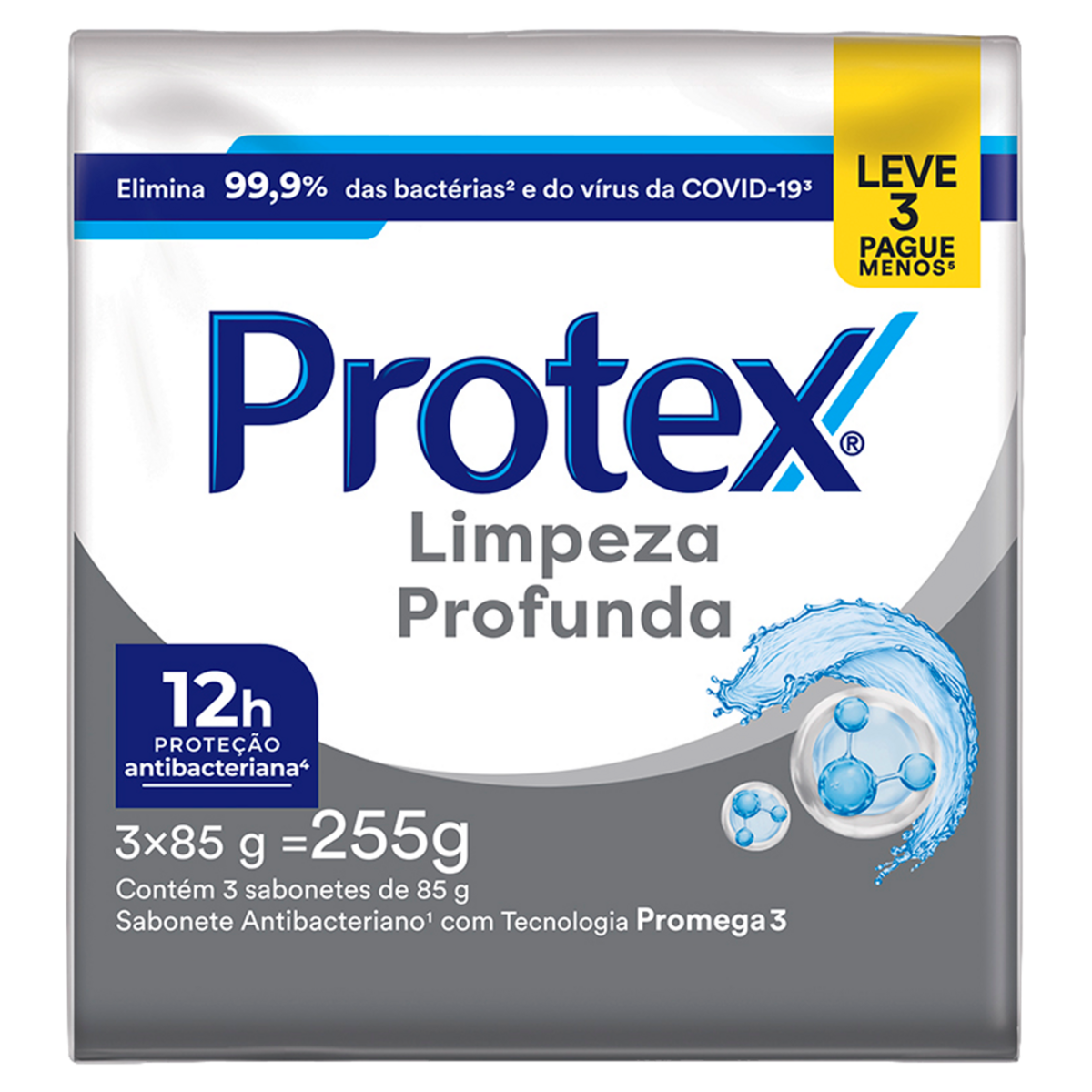 Pack Sabonete Barra Antibacteriano Limpeza Profunda Protex Envolt&oacute;rio 255g C/3 Unidades Leve Mais Pague Menos