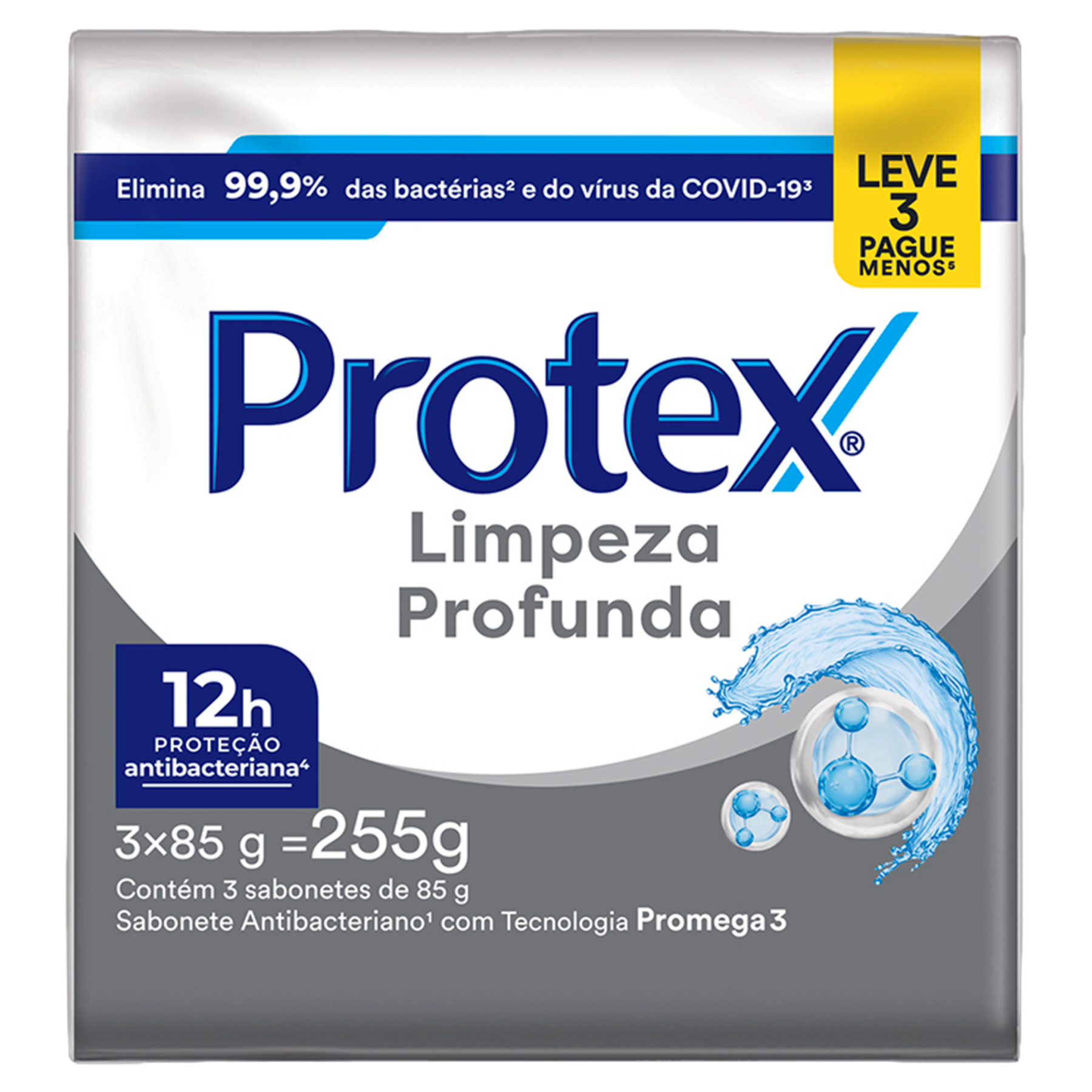Pack Sabonete Barra Antibacteriano Limpeza Profunda Protex Envolt&oacute;rio 255g C/3 Unidades Leve Mais Pague Menos