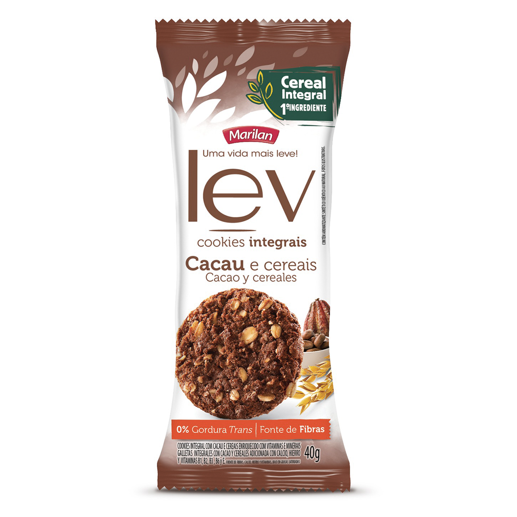 Cookie Integral Cacau e Cereais Lev Marilan Pacote 40g
