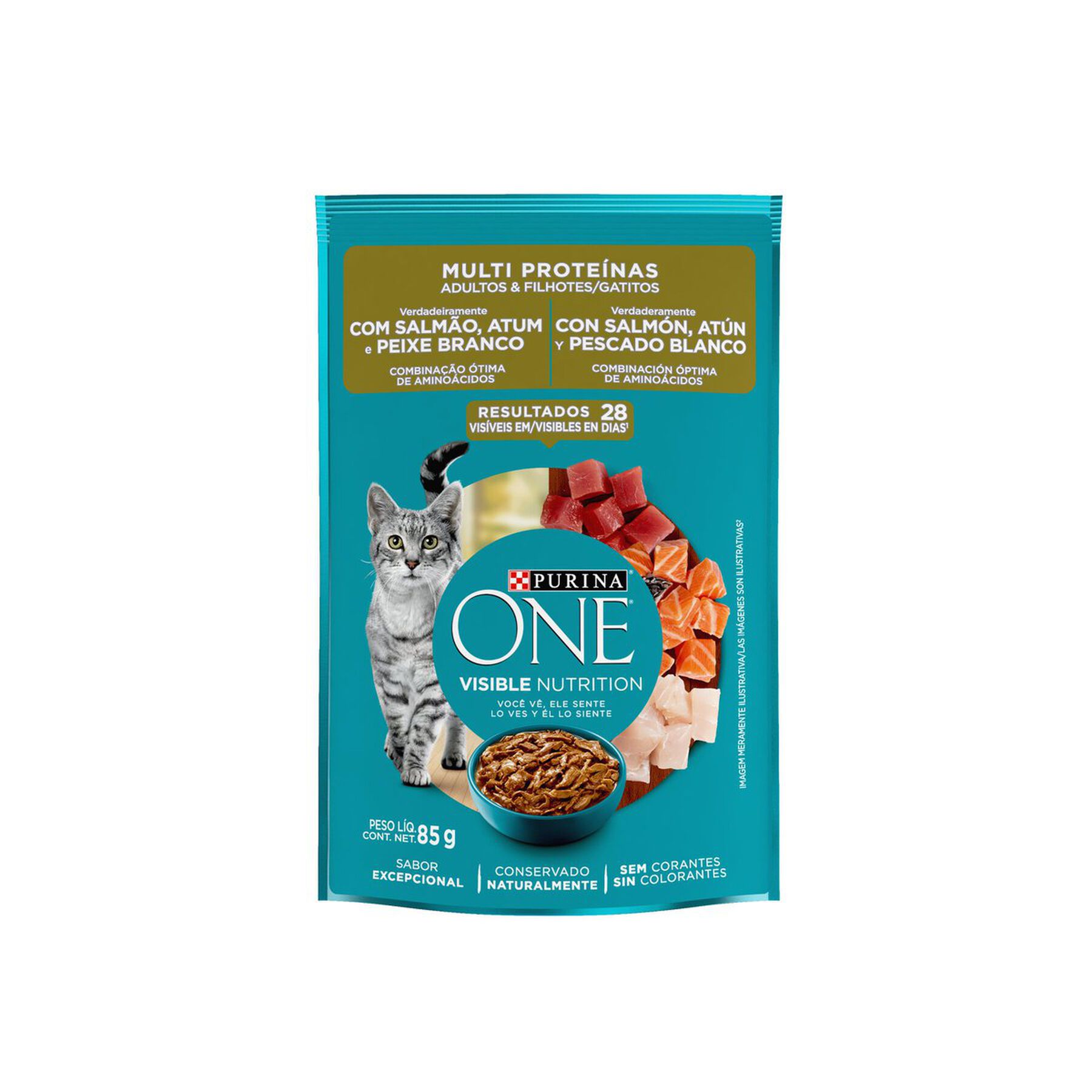 Alimento para Gatos Adultos e Filhotes Salmão, Atum e Peixe Branco Purina One Multi Proteínas Sachê 85g