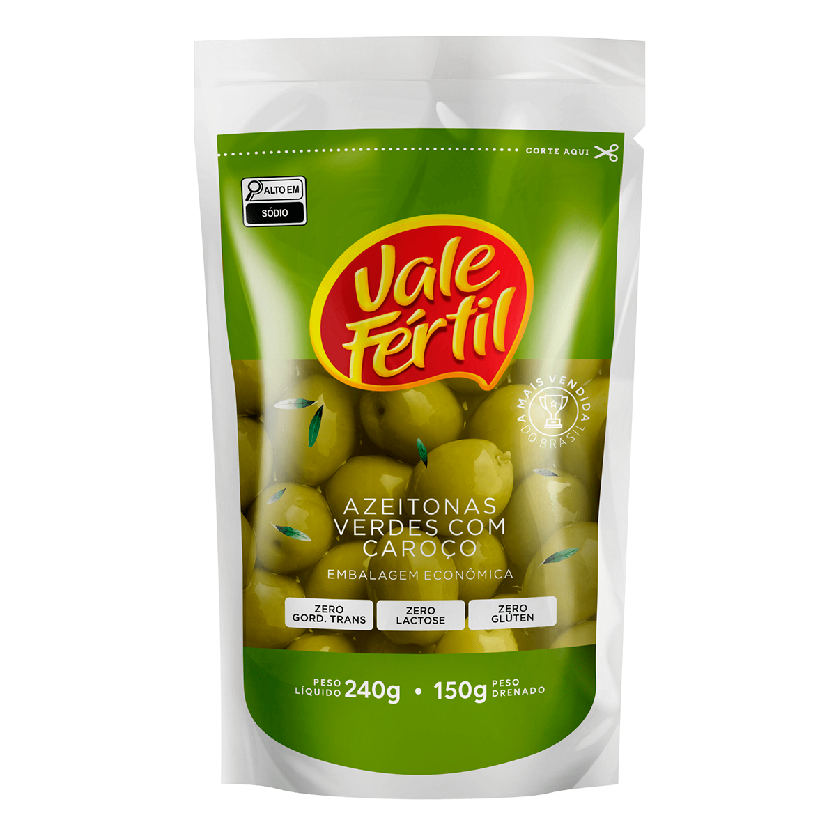 Azeitona Verde em Conserva com Caro&ccedil;o Vale F&eacute;rtil Sach&ecirc; 150g