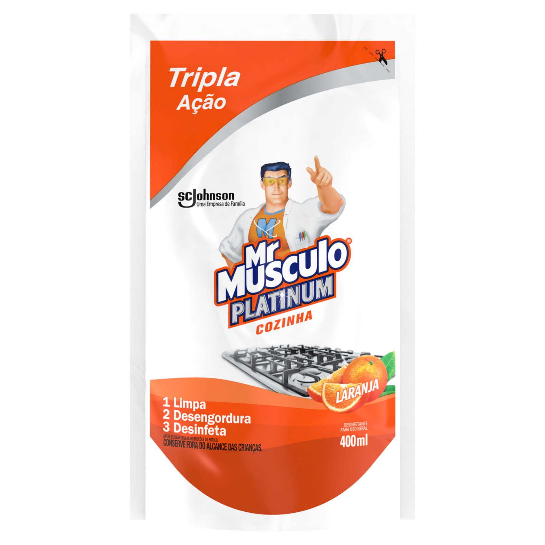 Desinfetante Uso Geral Laranja Mr M&uacute;sculo Platinum Sach&ecirc; 400ml