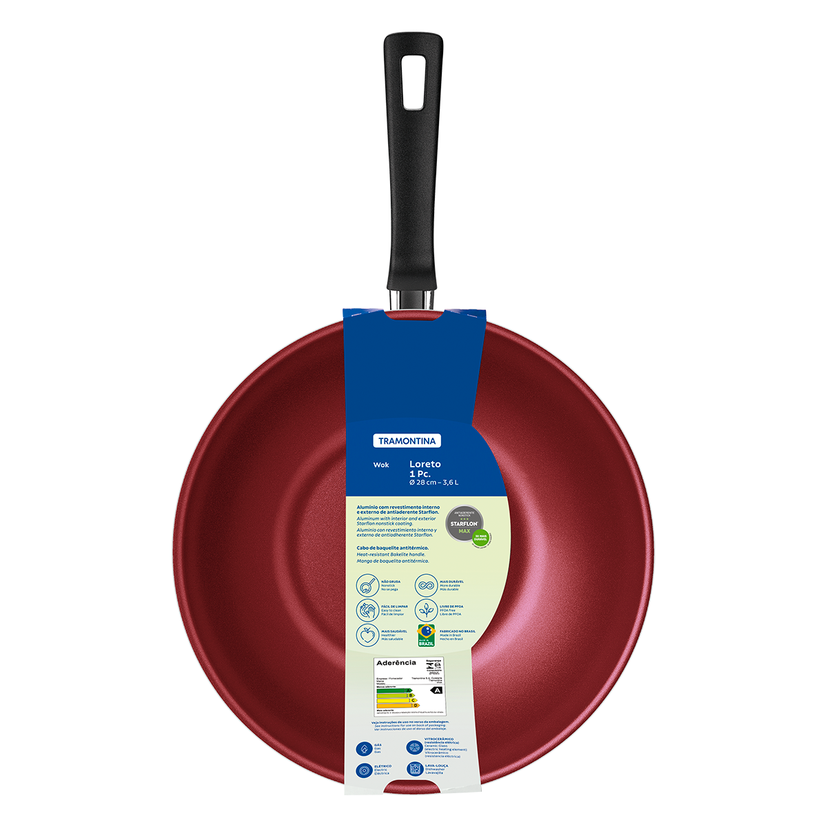 Panela Wok Loreto Tramontina Vermelha/Preta 28cm 3,6l