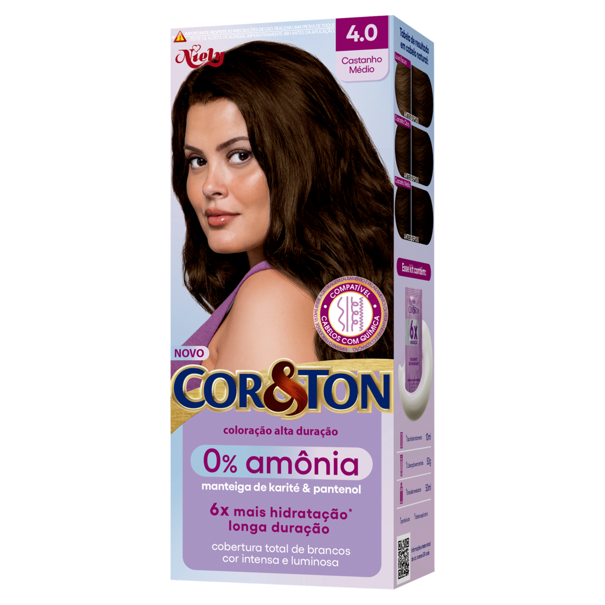 Kit Colora&ccedil;&atilde;o Creme 4.0 Castanho M&eacute;dio 0% Am&ocirc;nia Niely Cor&Ton