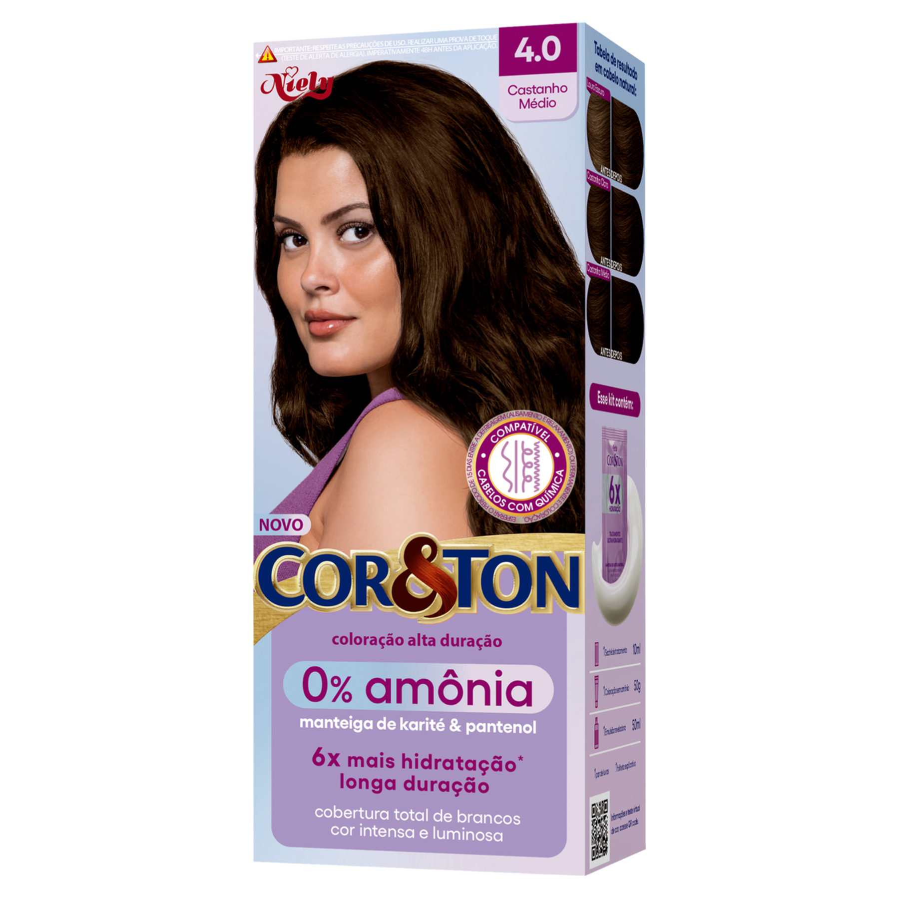 Kit Colora&ccedil;&atilde;o Creme 4.0 Castanho M&eacute;dio 0% Am&ocirc;nia Niely Cor&Ton