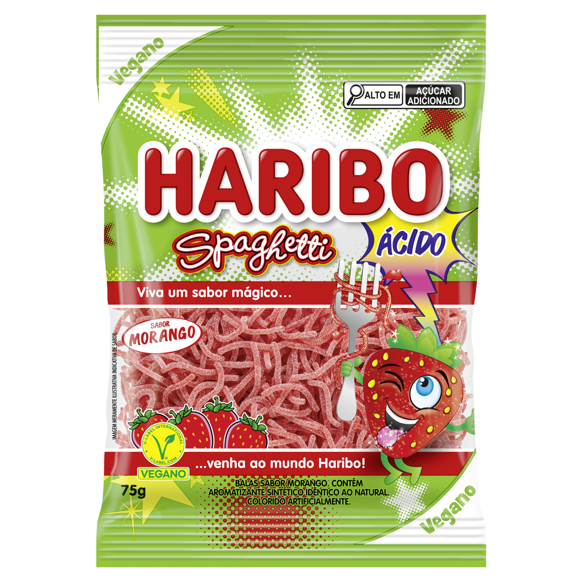 Bala Morango &Aacute;cido Spaghetti Haribo Pacote 75g
