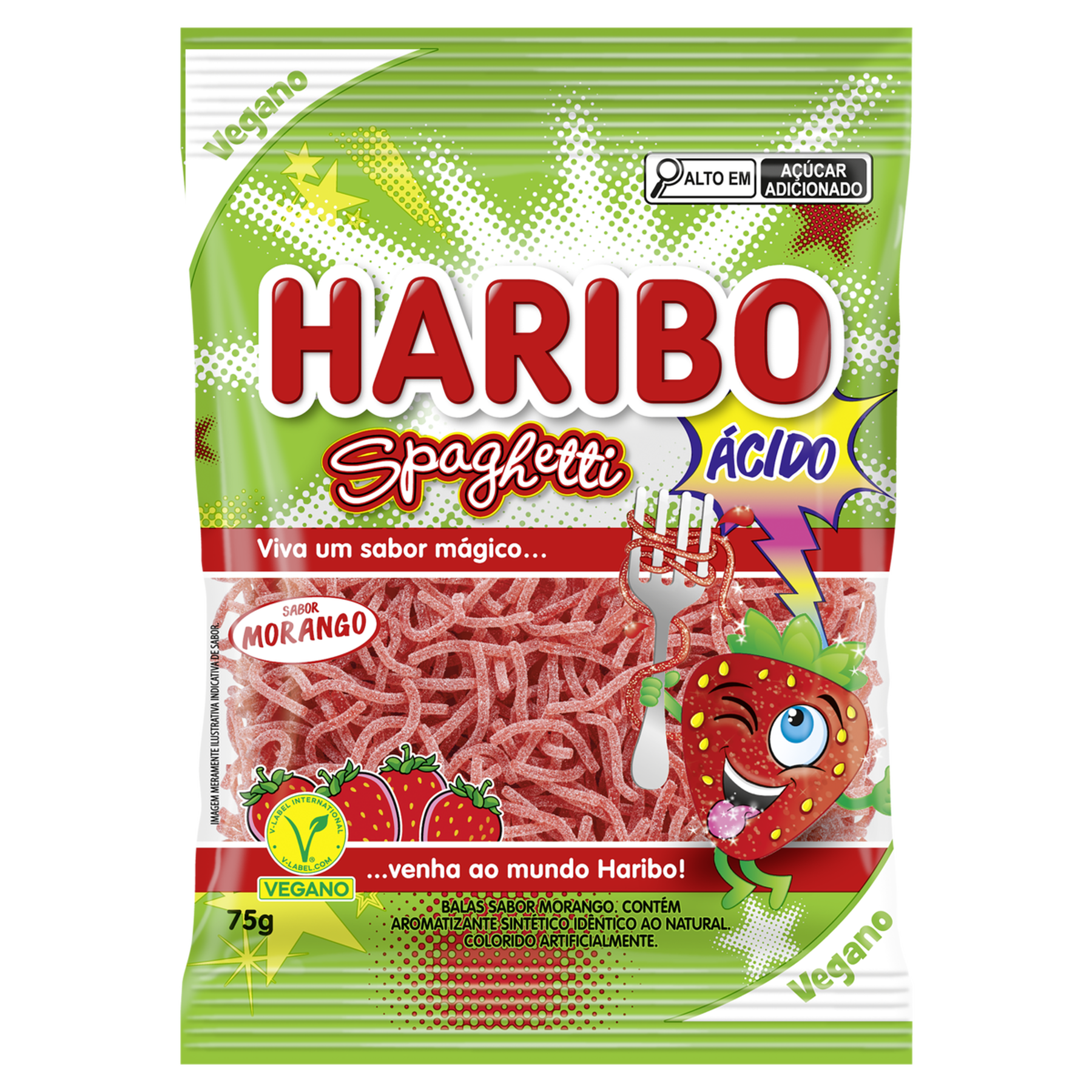 Bala Morango Ácido Spaghetti Haribo Pacote 75g