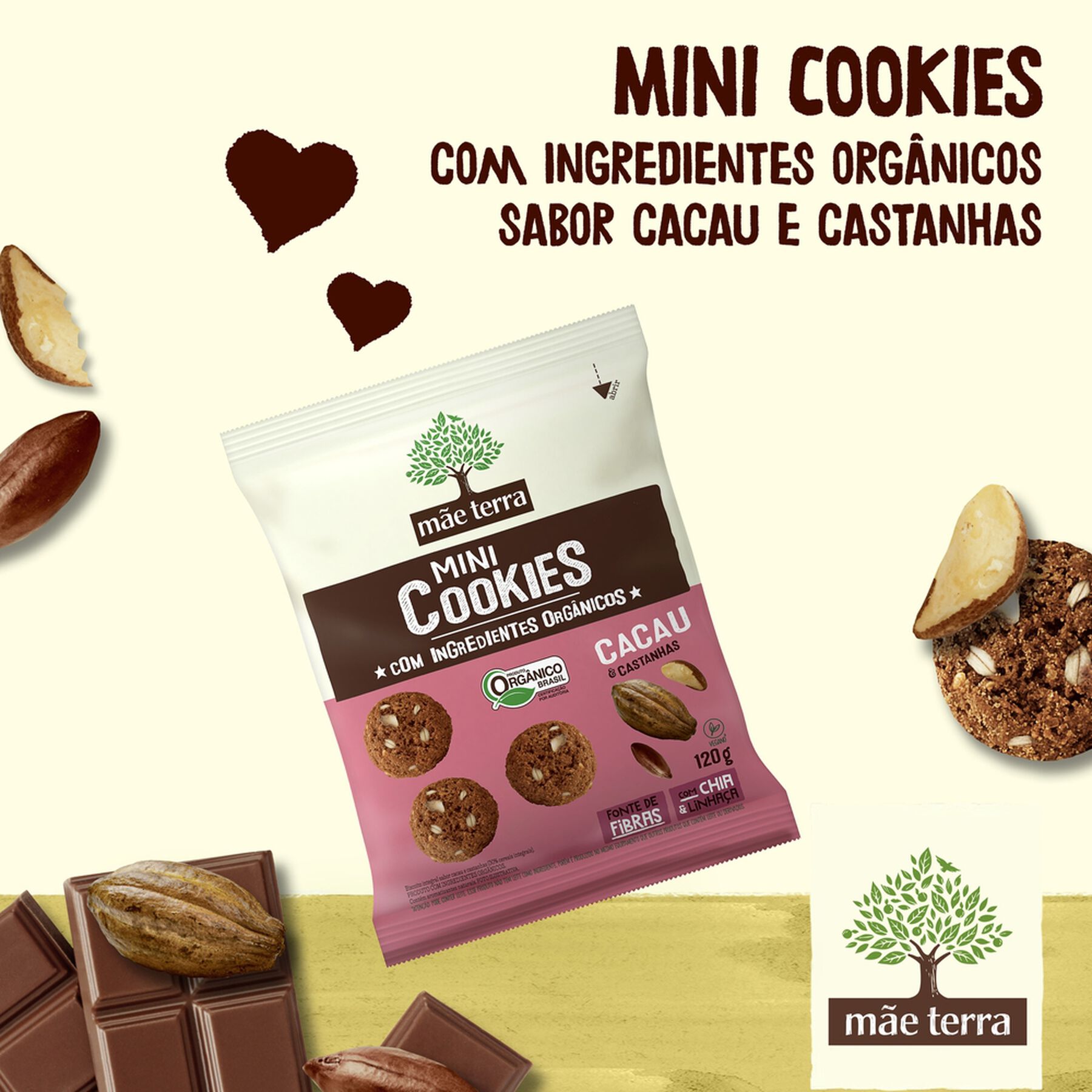 Biscoito Integral Orgânico Cacau & Castanhas Mãe Terra Mini Cookies Pacote 120g