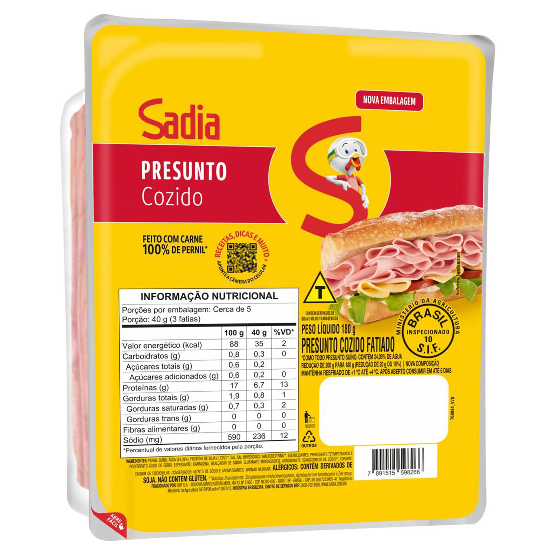 Presunto Cozido Fatiado Sadia 180g