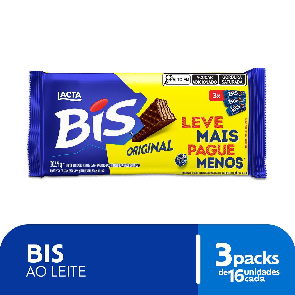 Pack Wafer Recheio e Cobertura Chocolate Lacta Bis Pacote 302,4g 3 Unidades Leve Mais Pague Menos