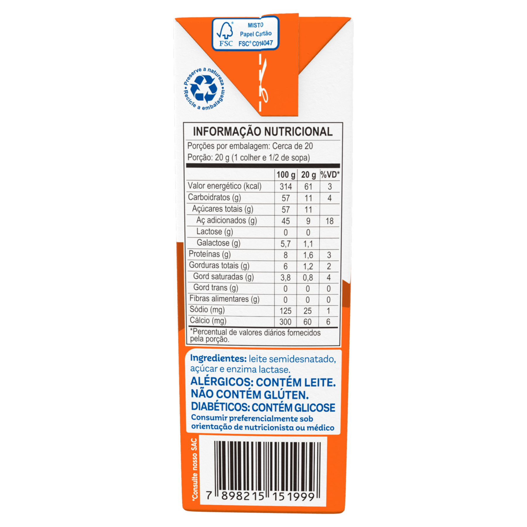 Leite Condensado Semidesnatado Zero Lactose Piracanjuba Caixa 395g