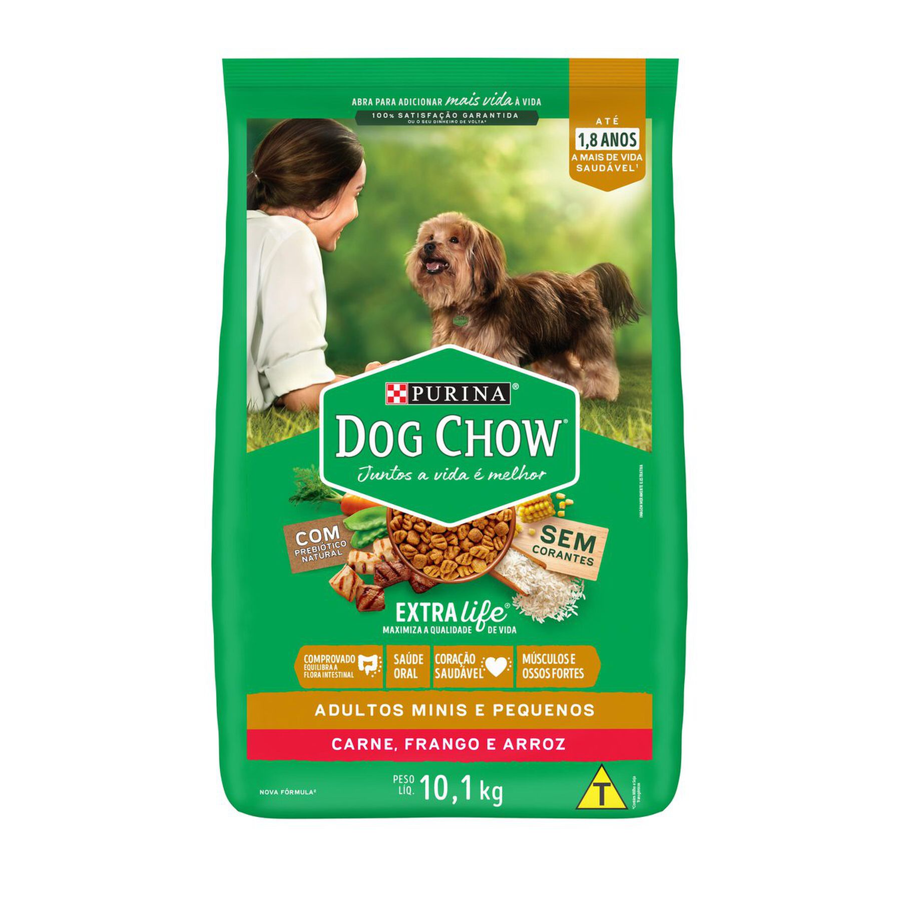 Alimento para Cães Adultos Raças Minis e Pequenas Carne, Frango e Arroz Purina Dog Chow Extra Life Pacote 10,1kg