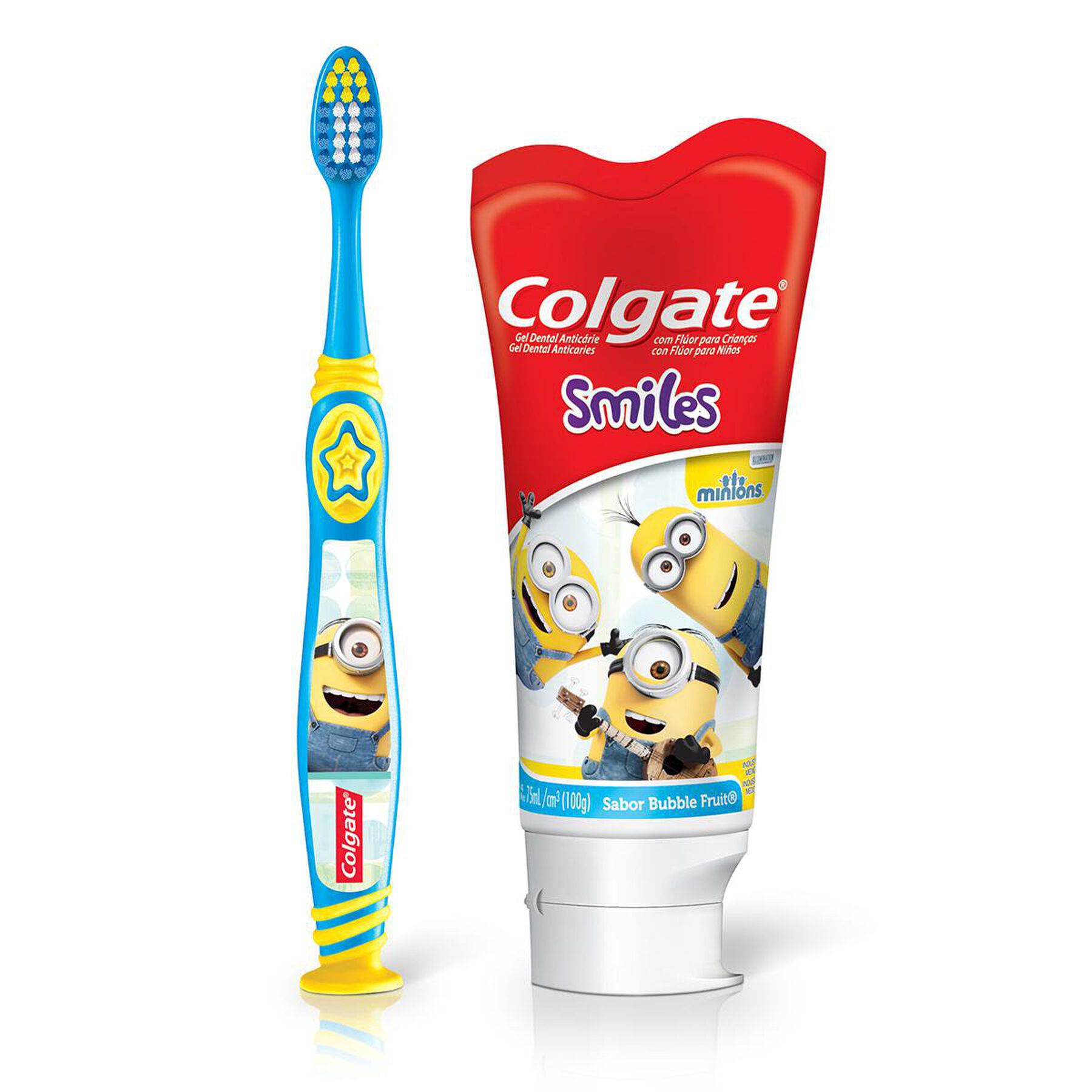 Escova Dental Infantil Extra Macia Suave + Gel Dental Infantil com Fl&uacute;or Bubble Fruit Minions Smiles Colgate 100g - Embalagem Pre&ccedil;o Especial&nbsp;
